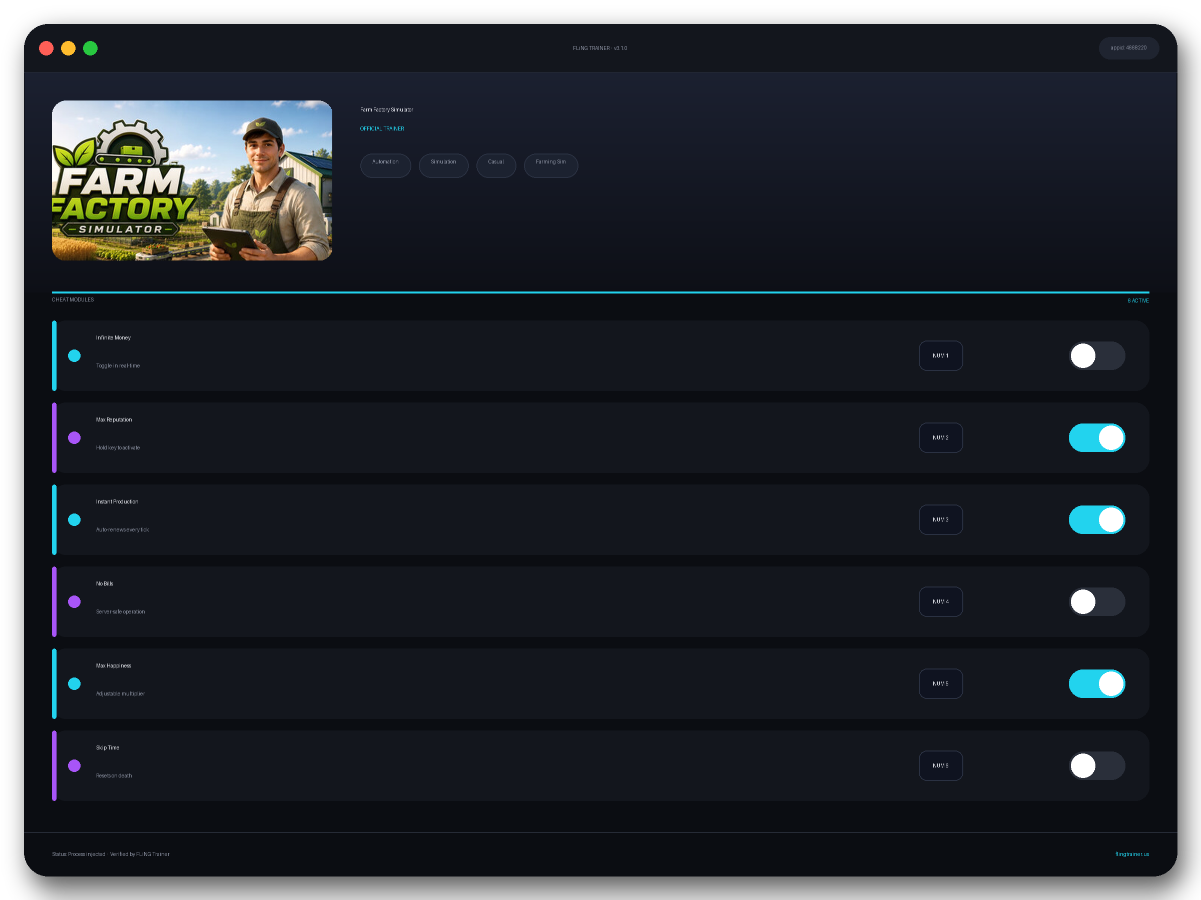 Farm Factory Simulator Trainer interface