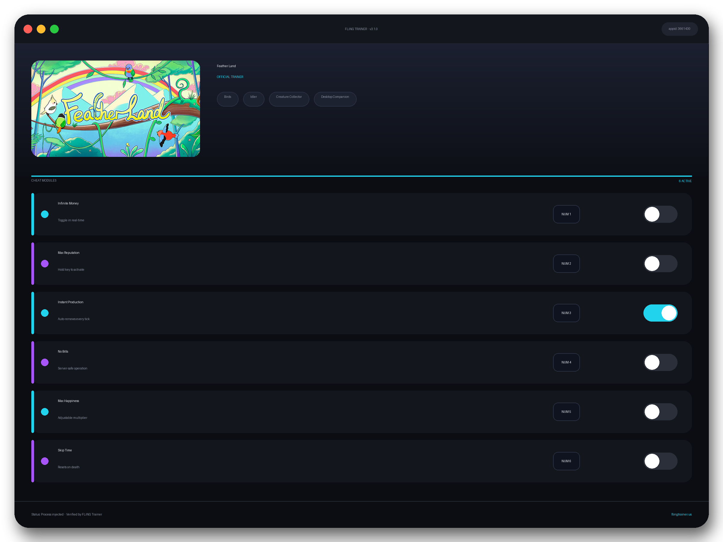 Feather Land Trainer interface