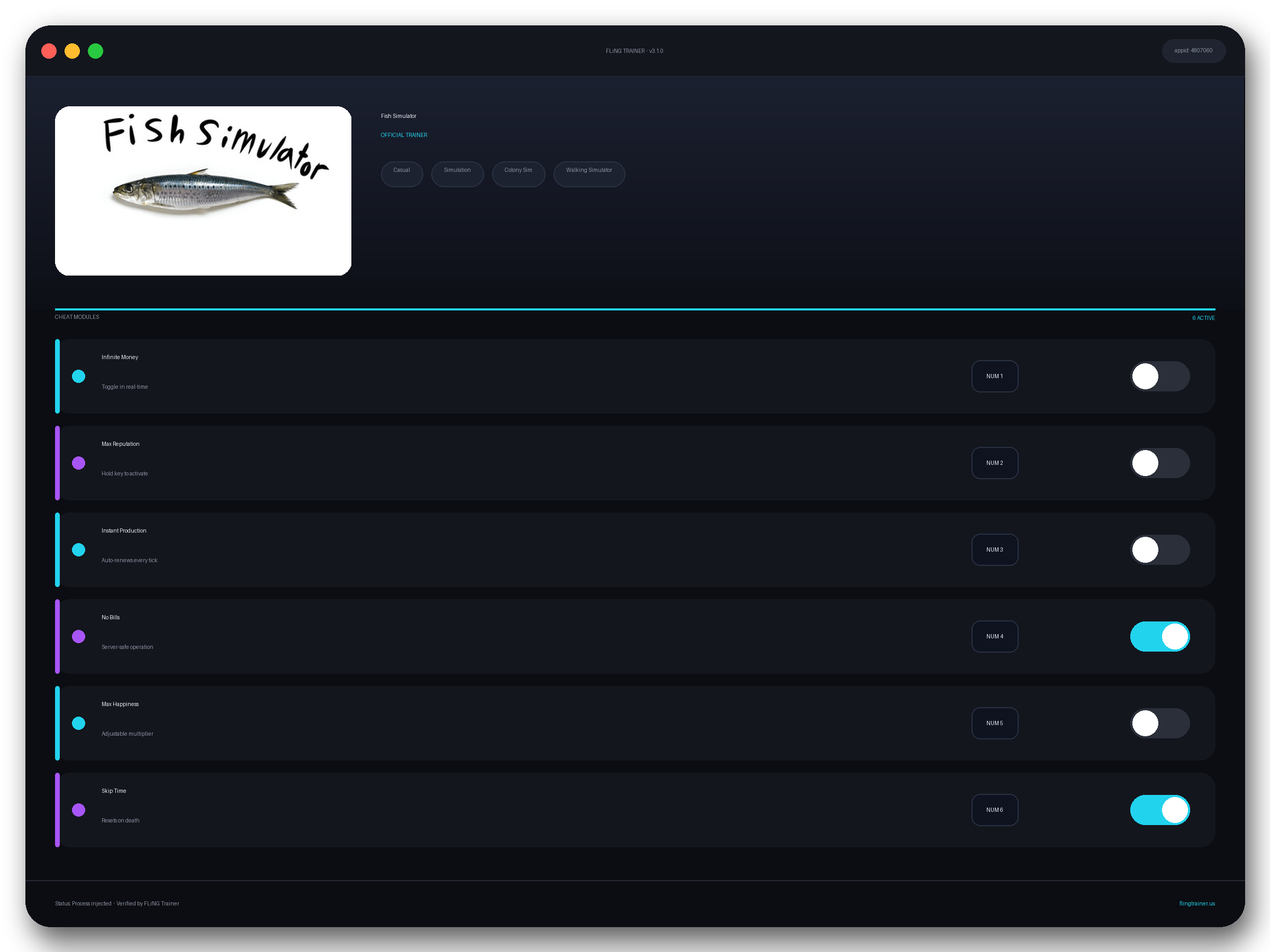 Fish Simulator Trainer interface