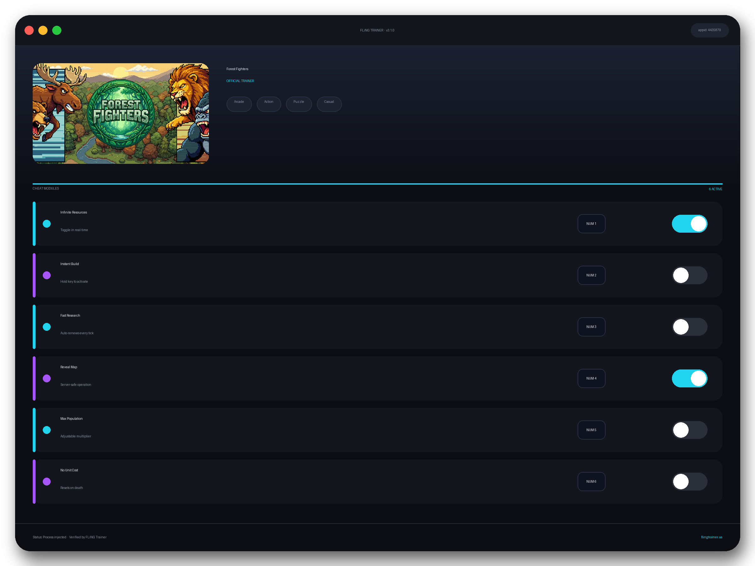Forest Fighters Trainer interface