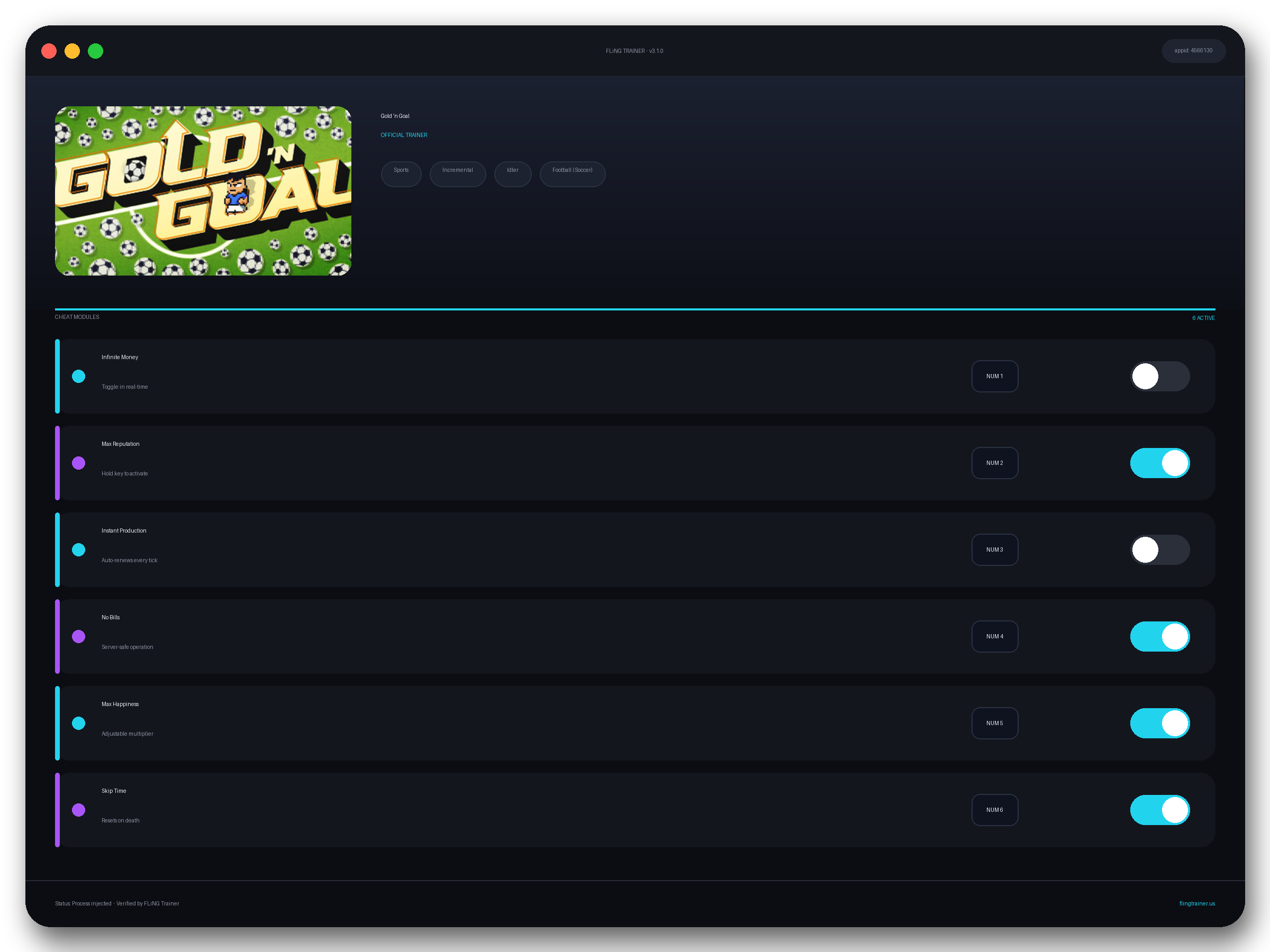 Gold ’n Goal Trainer interface