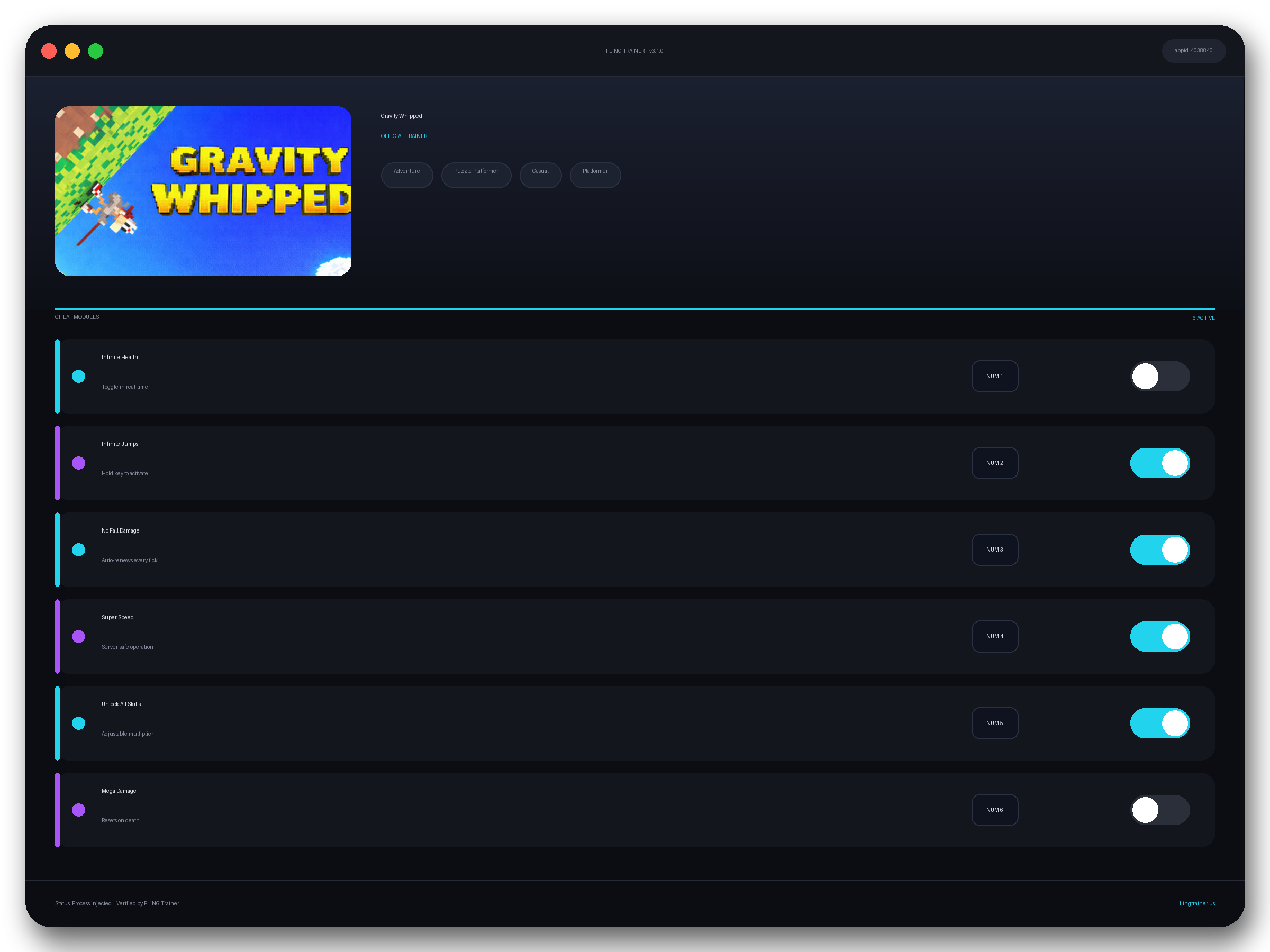 Gravity Whipped Trainer interface