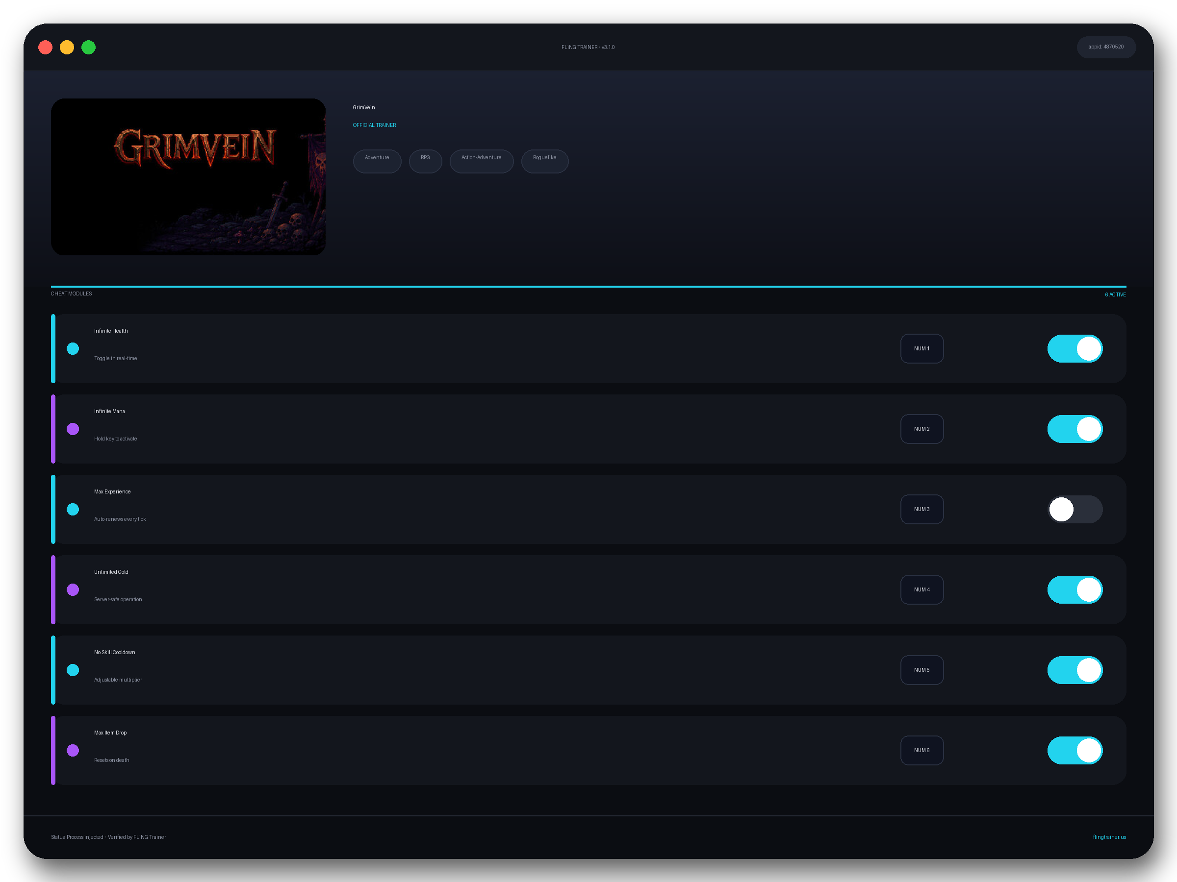 GrimVein Trainer interface