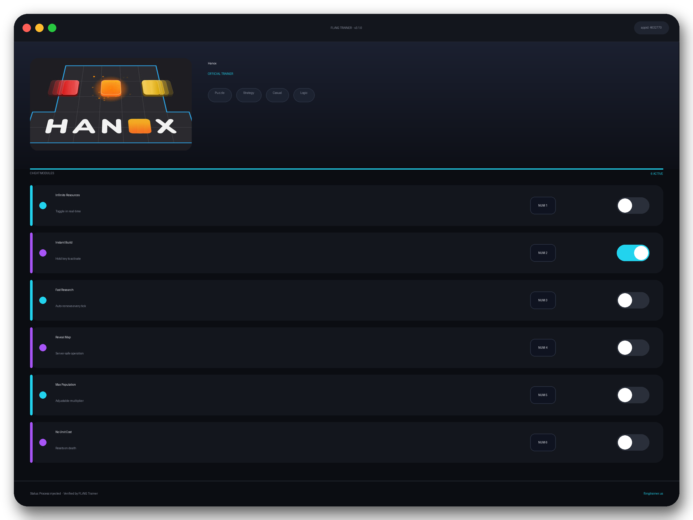 Hanox Trainer interface