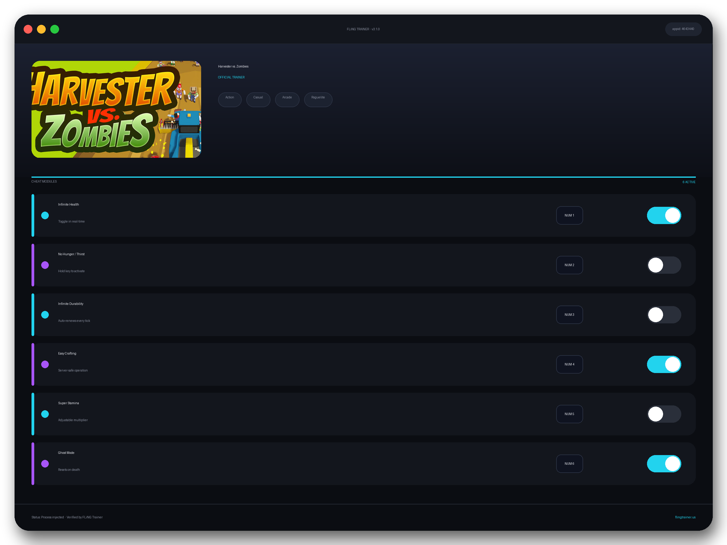 Harvester vs. Zombies Trainer interface