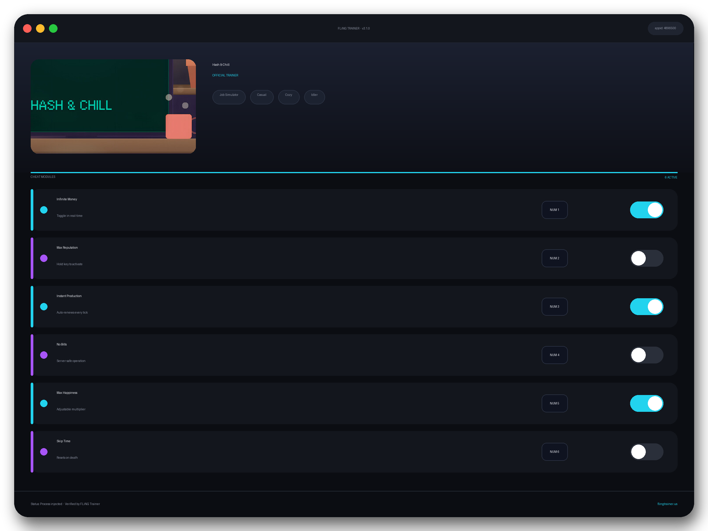 Hash & Chill Trainer interface