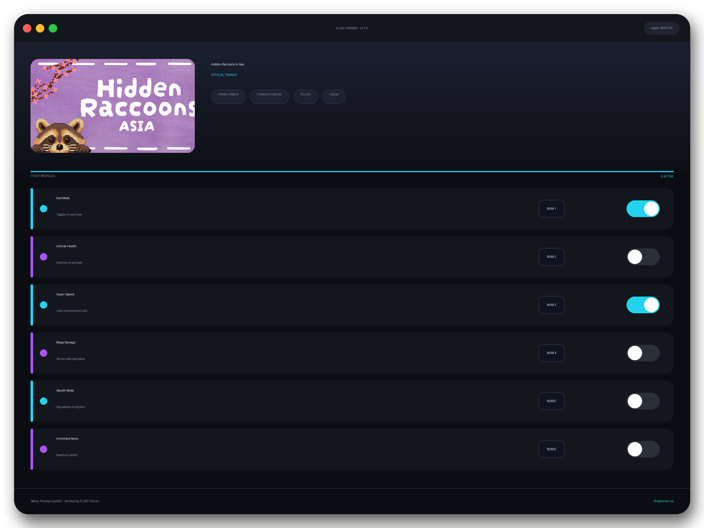 Hidden Raccoons in Asia Trainer interface