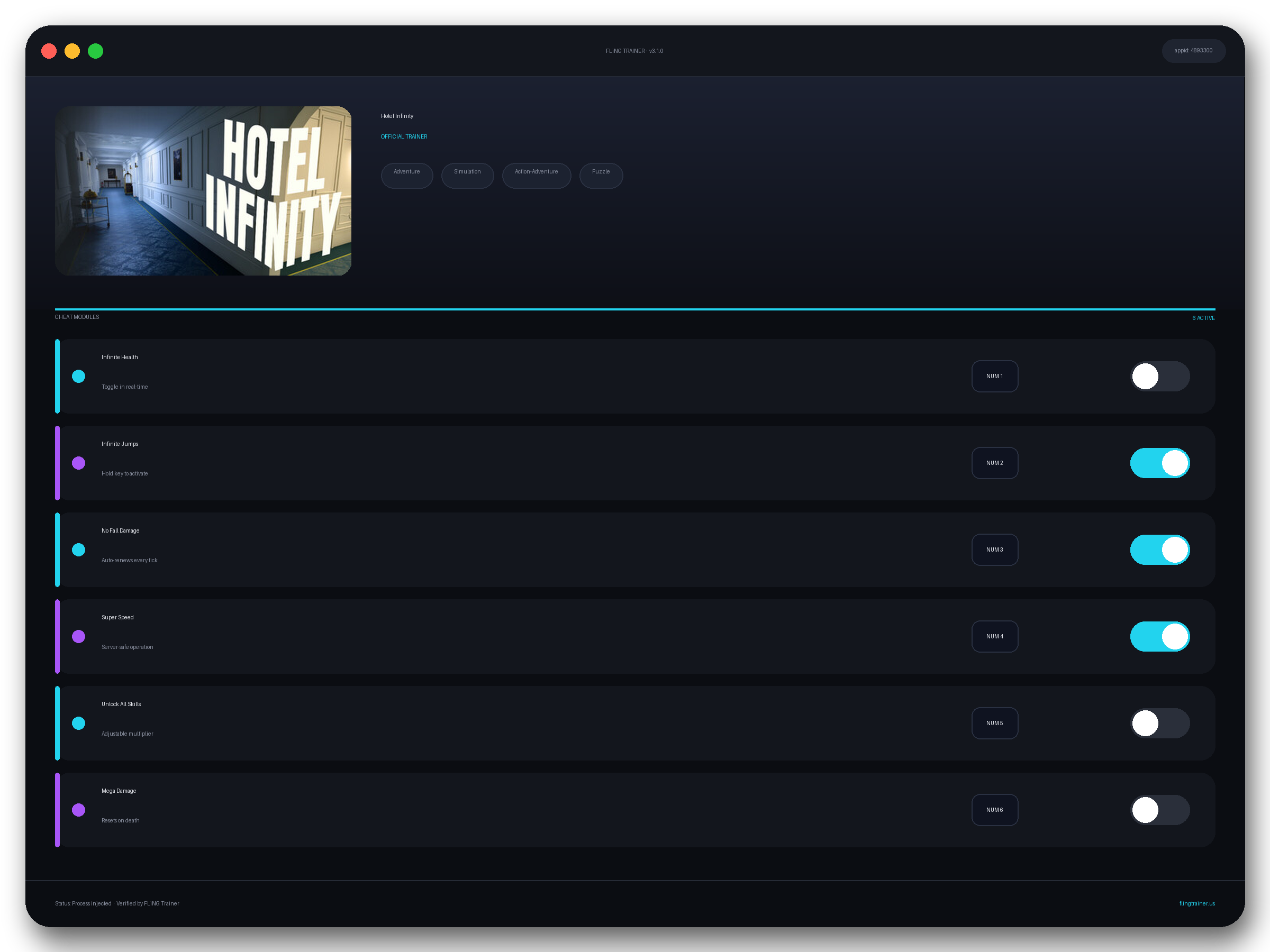 Hotel Infinity Trainer interface
