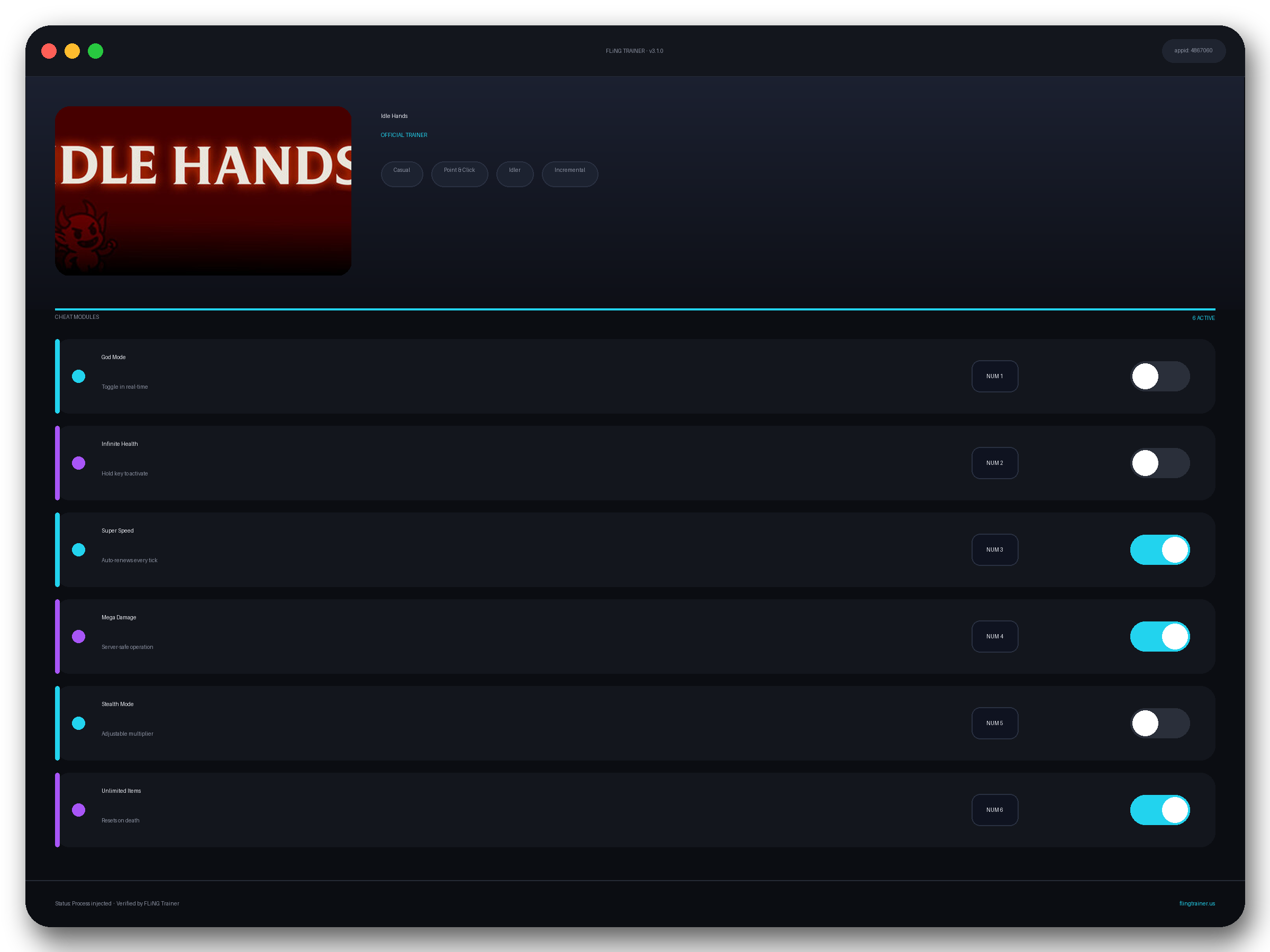 Idle Hands Trainer interface