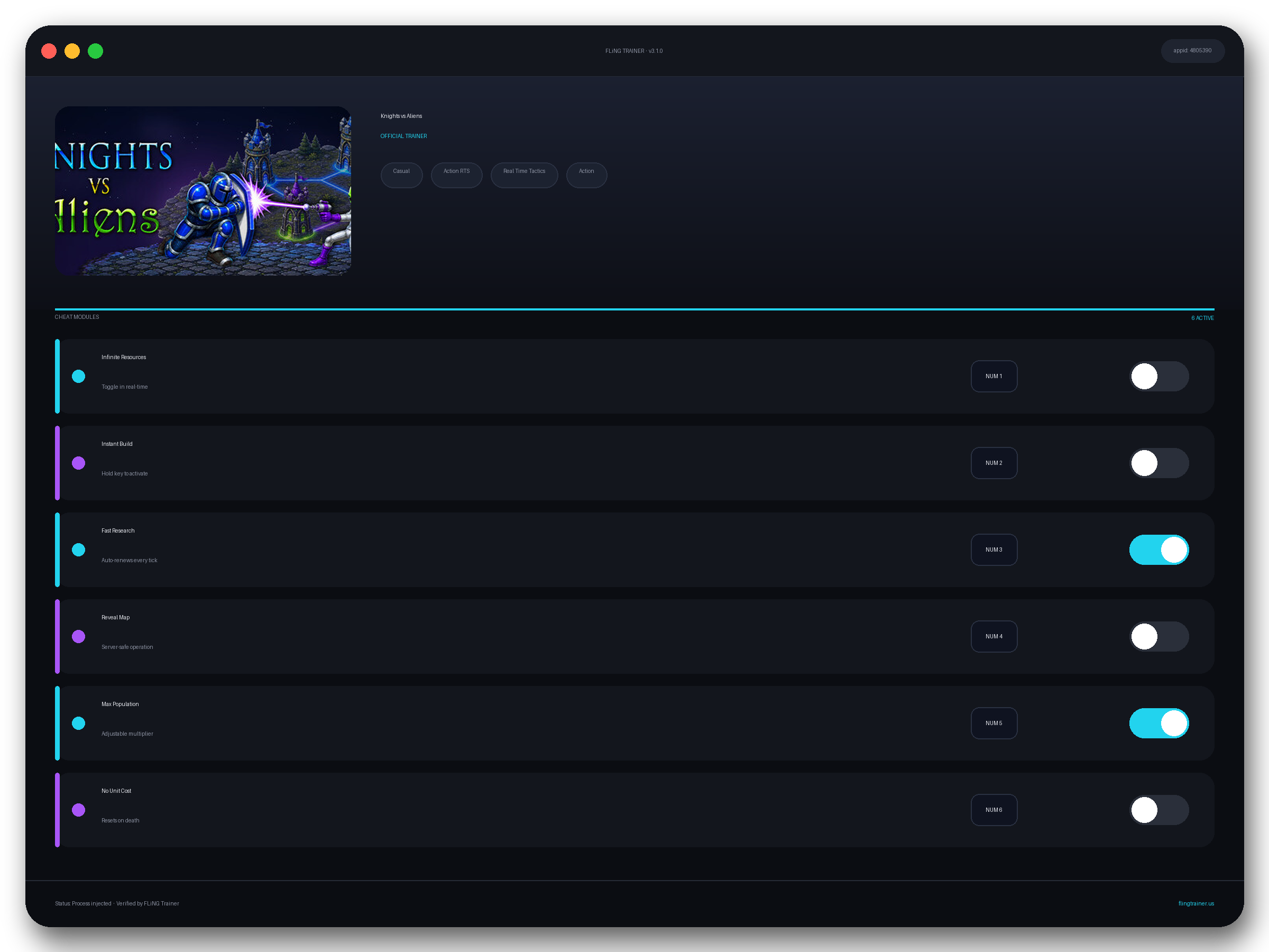 Knights vs Aliens Trainer interface