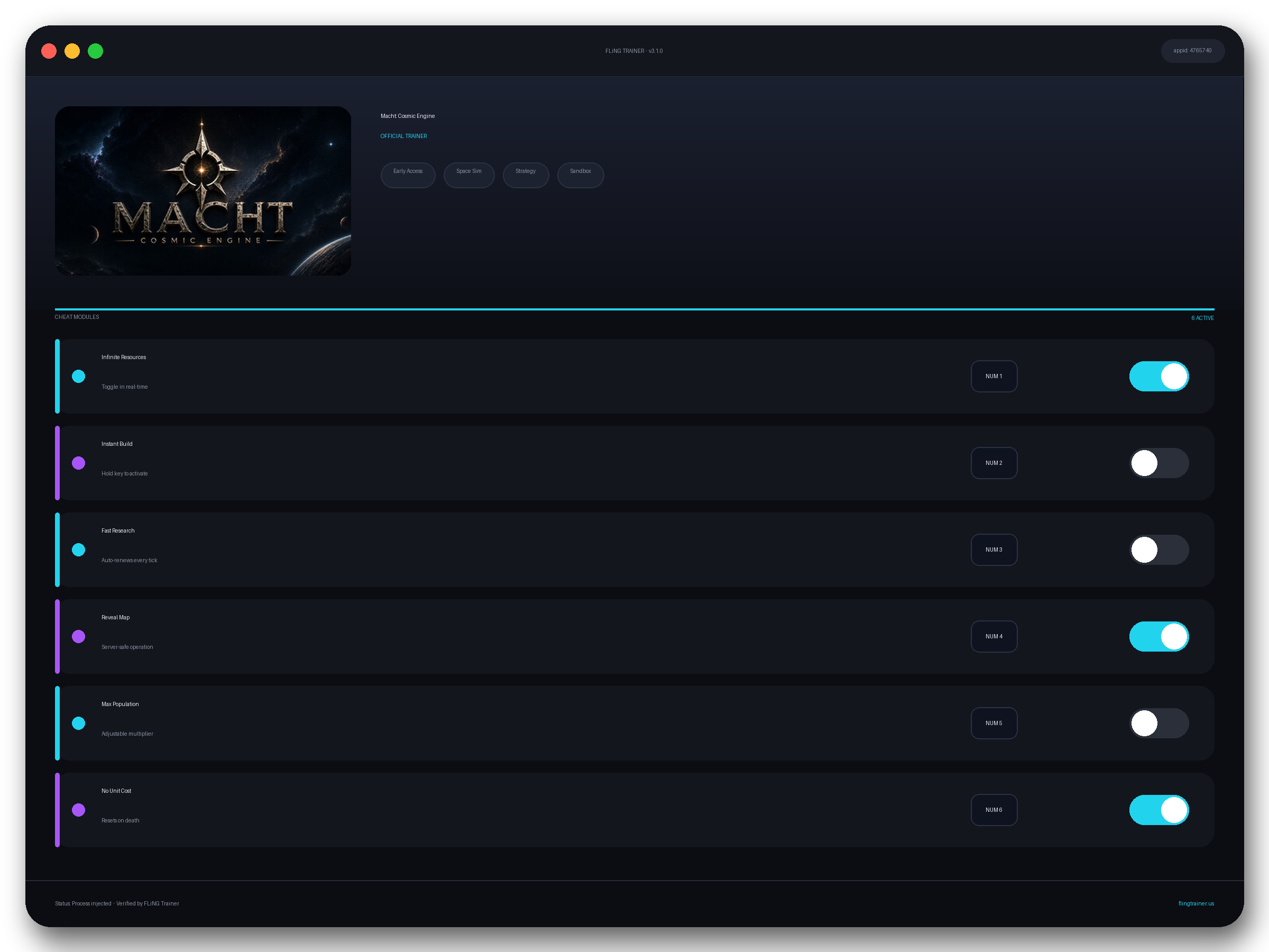 Macht: Cosmic Engine Trainer interface
