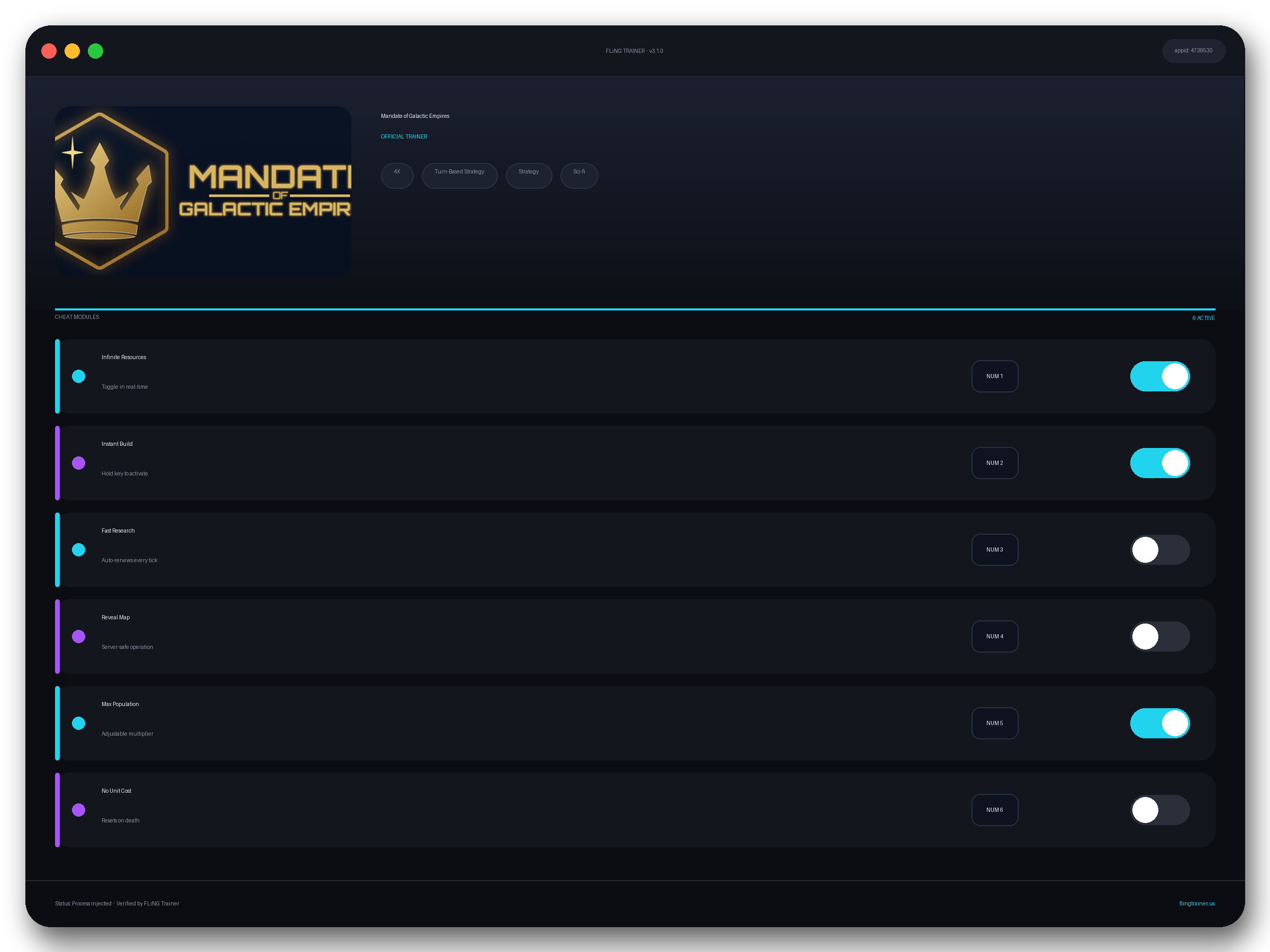 Mandate of Galactic Empires Trainer interface