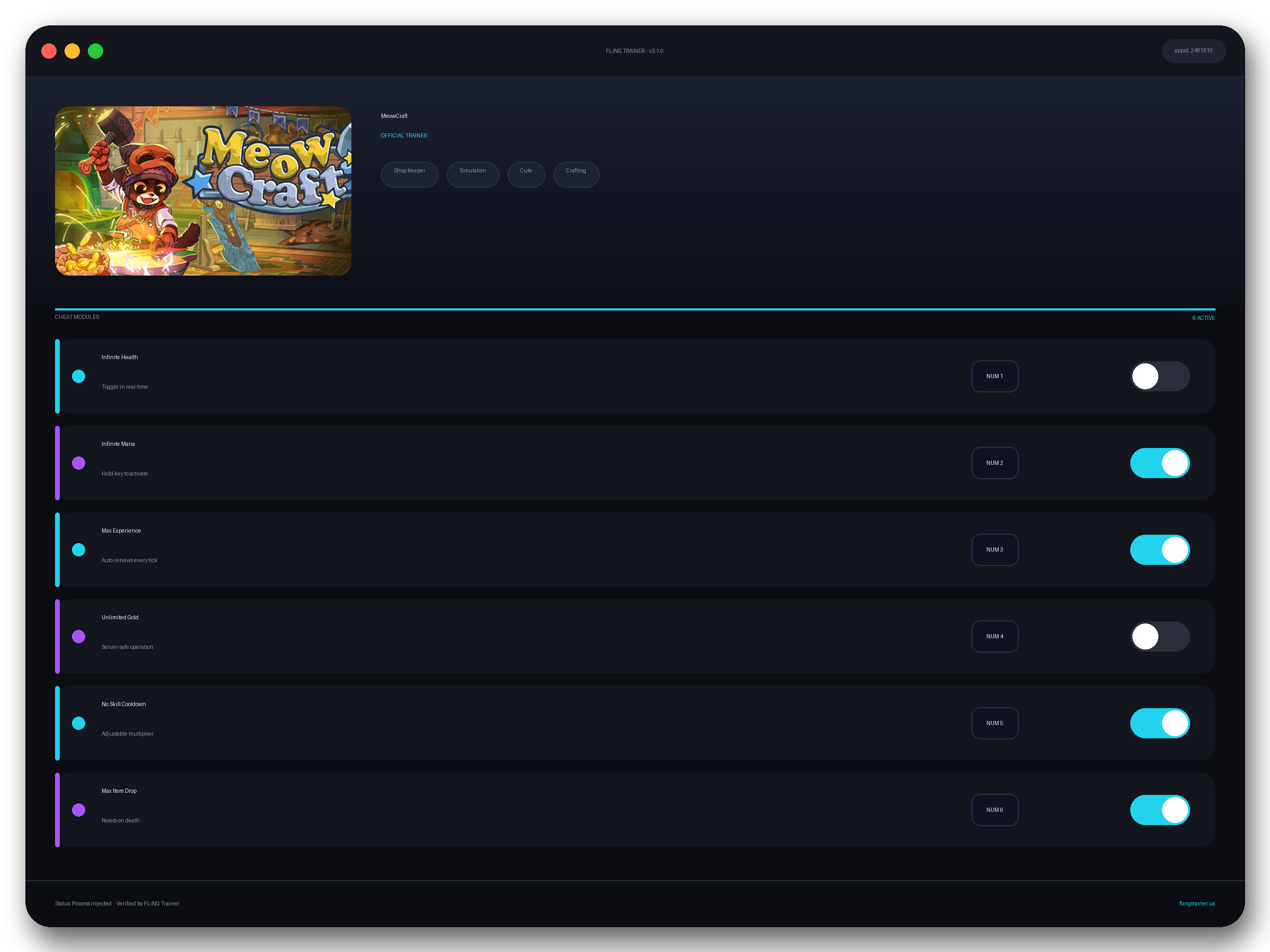 MeowCraft Trainer interface