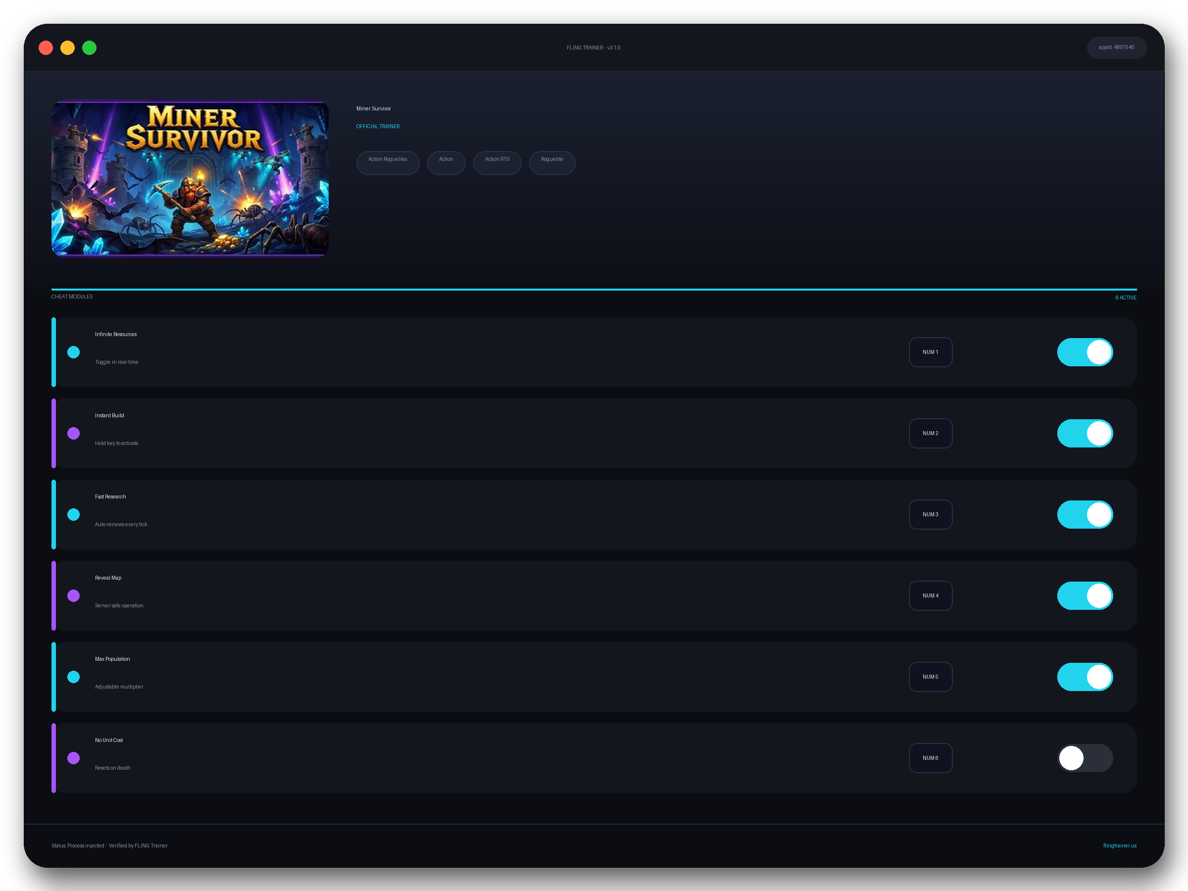 Miner Survivor Trainer interface