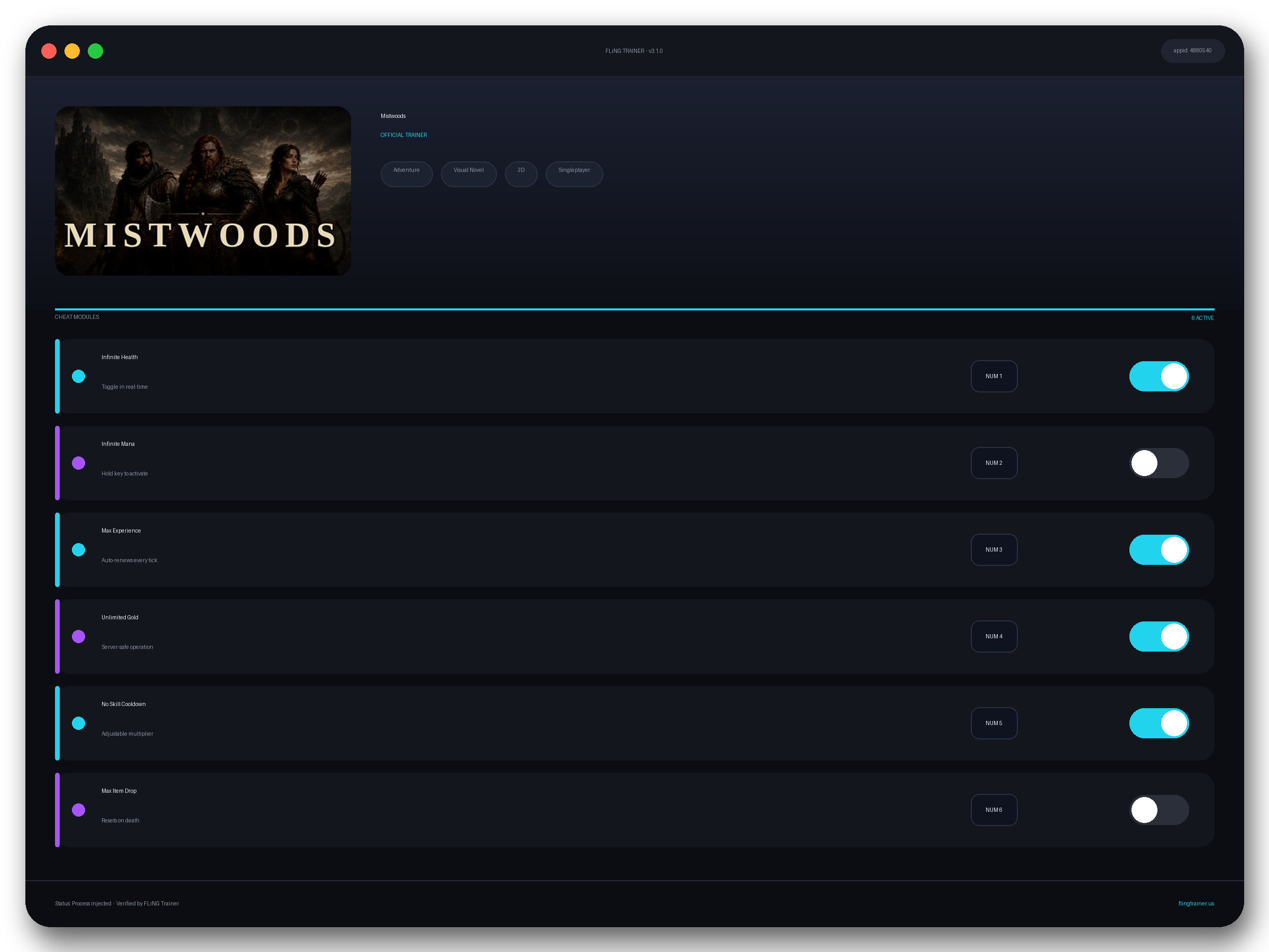Mistwoods Trainer interface