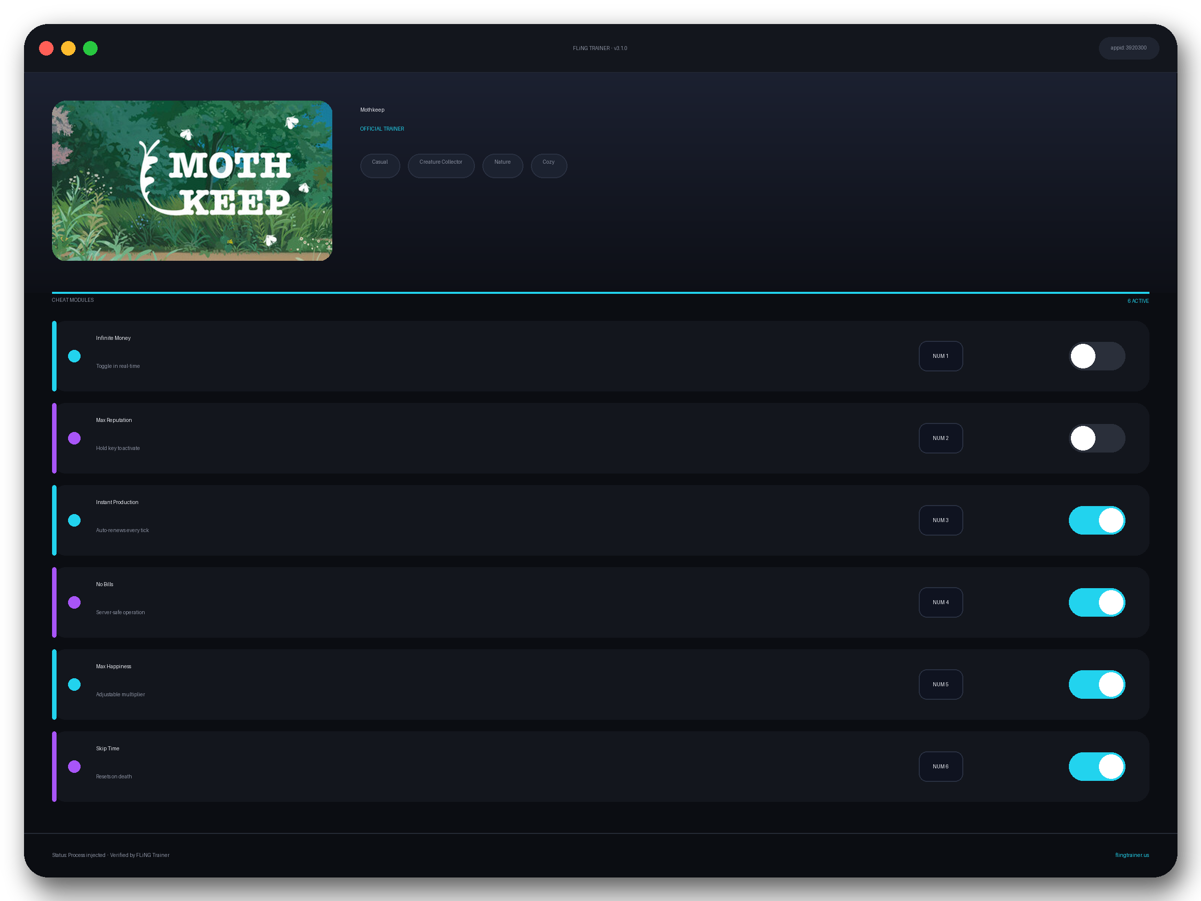 Mothkeep Trainer interface