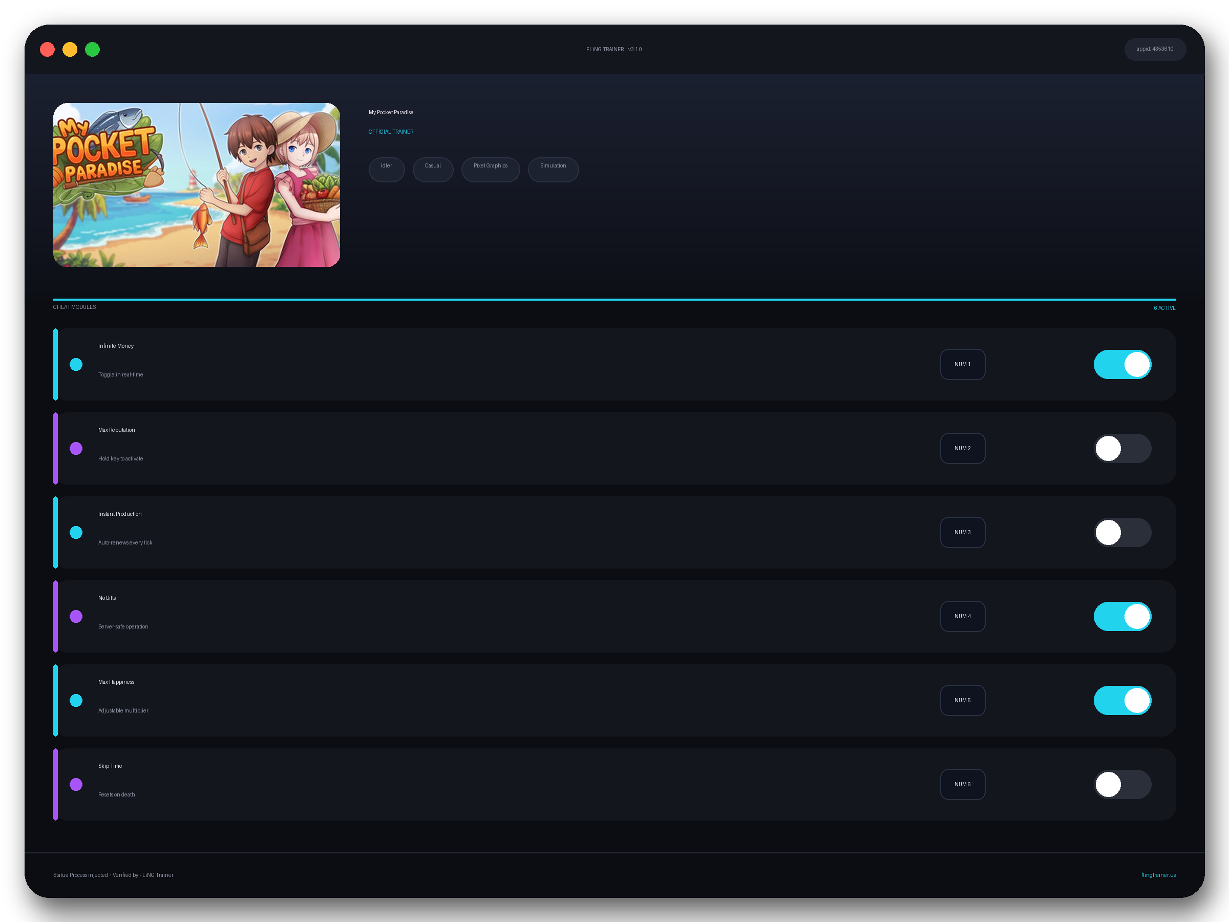 My Pocket Paradise Trainer interface