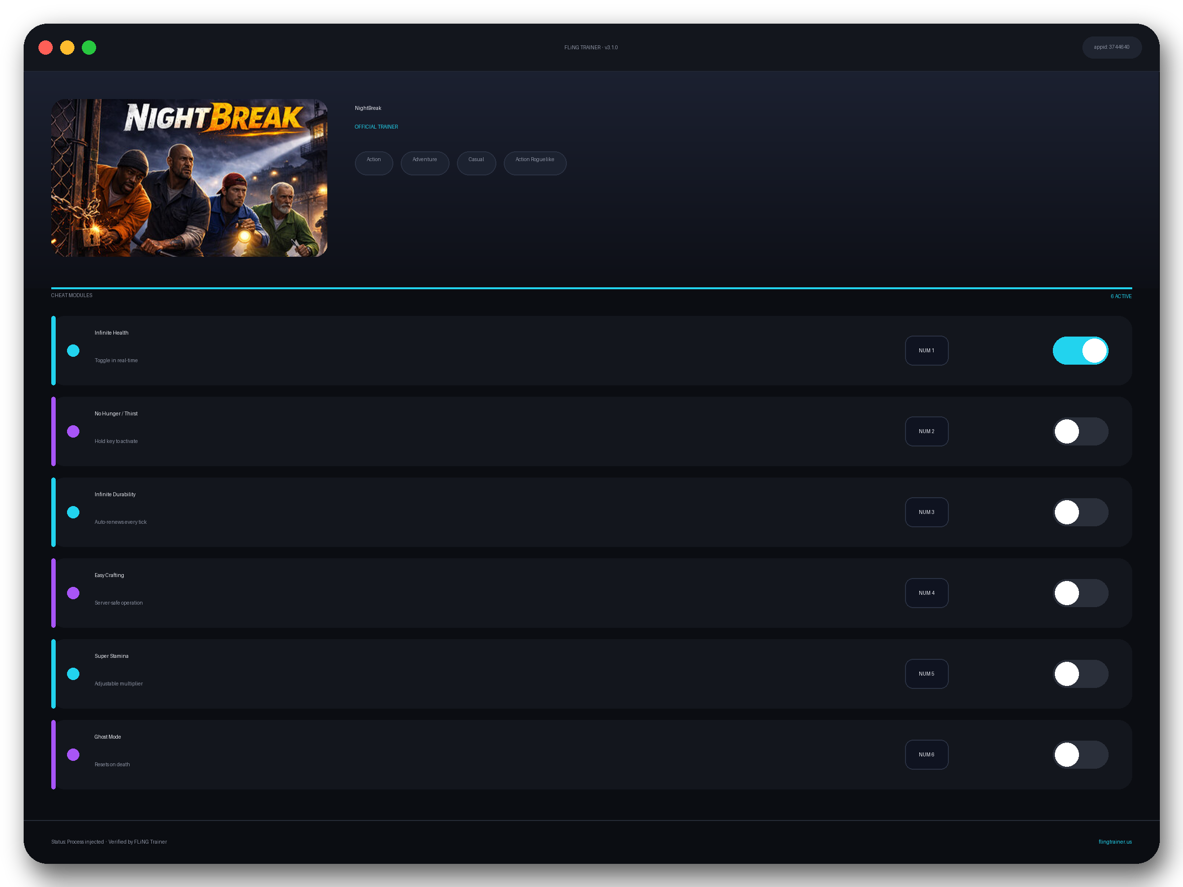 NightBreak Trainer interface