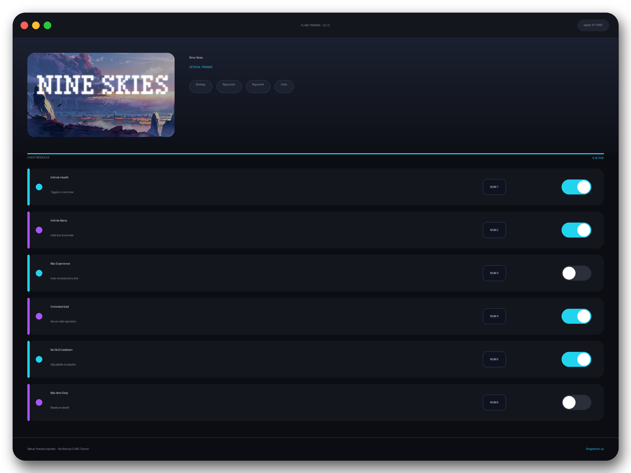 Nine Skies Trainer interface