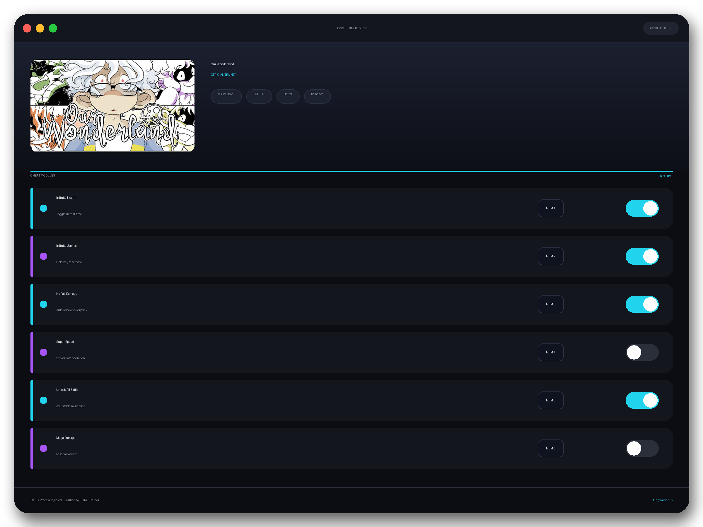 Our Wonderland Trainer interface