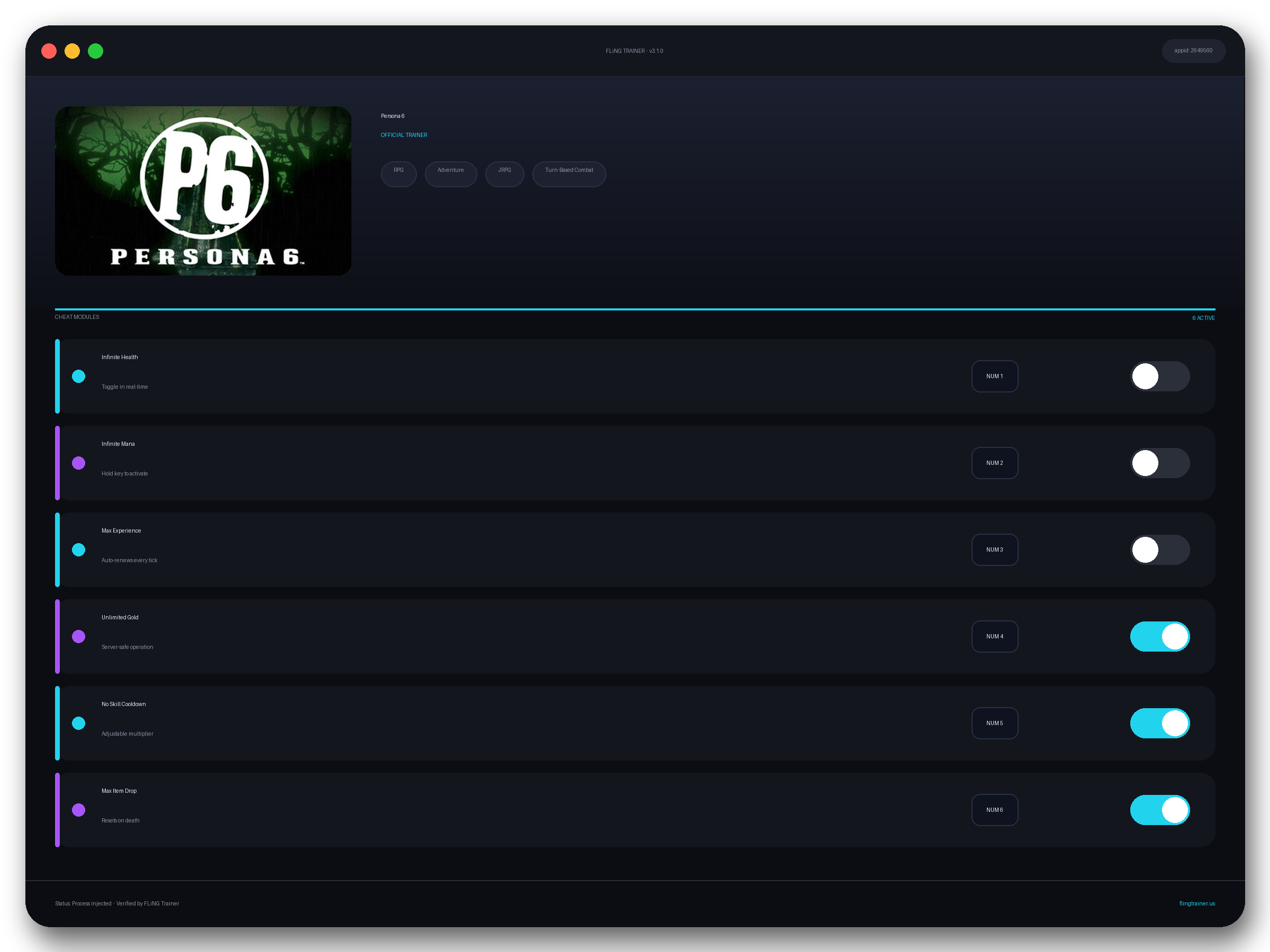 Persona 6 Trainer interface