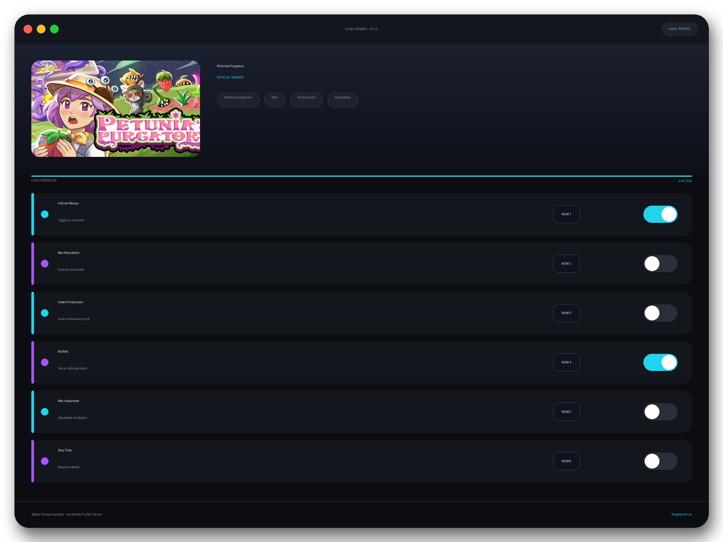 Petunia's Purgatory Trainer interface