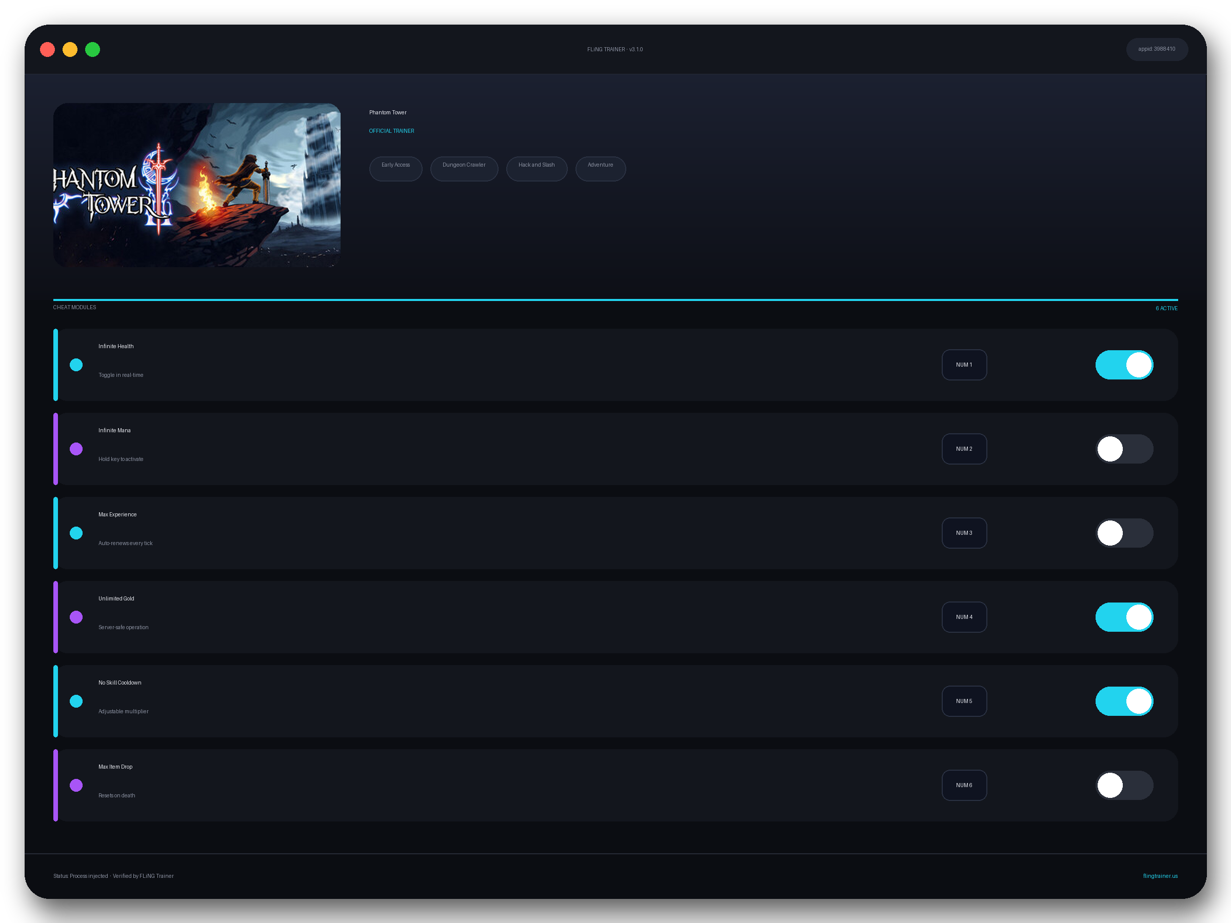 Phantom Tower Trainer interface