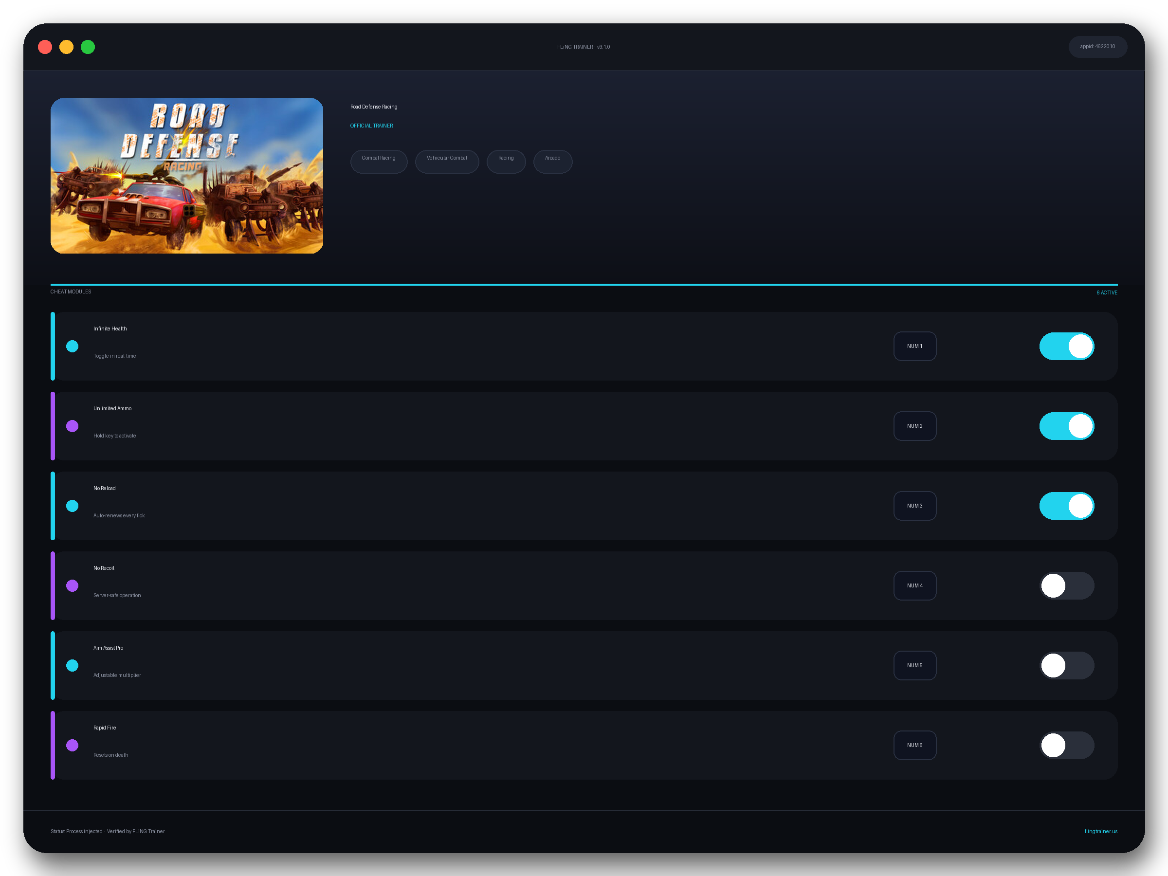Road Defense Racing Trainer interface