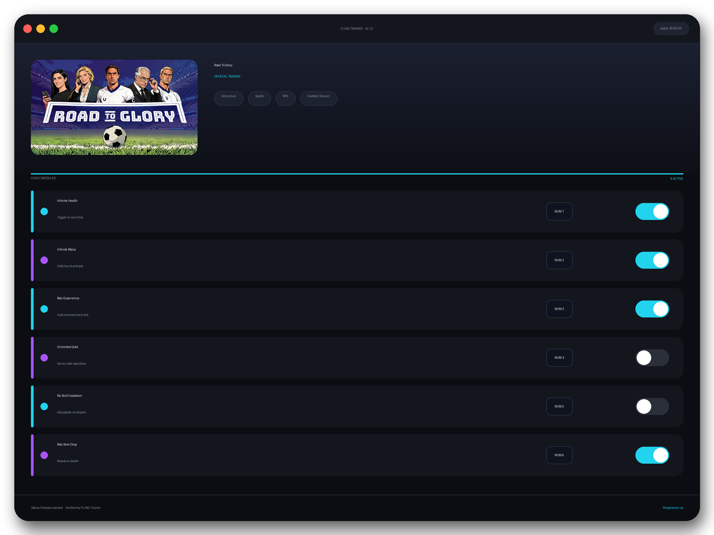 Road To Glory Trainer interface
