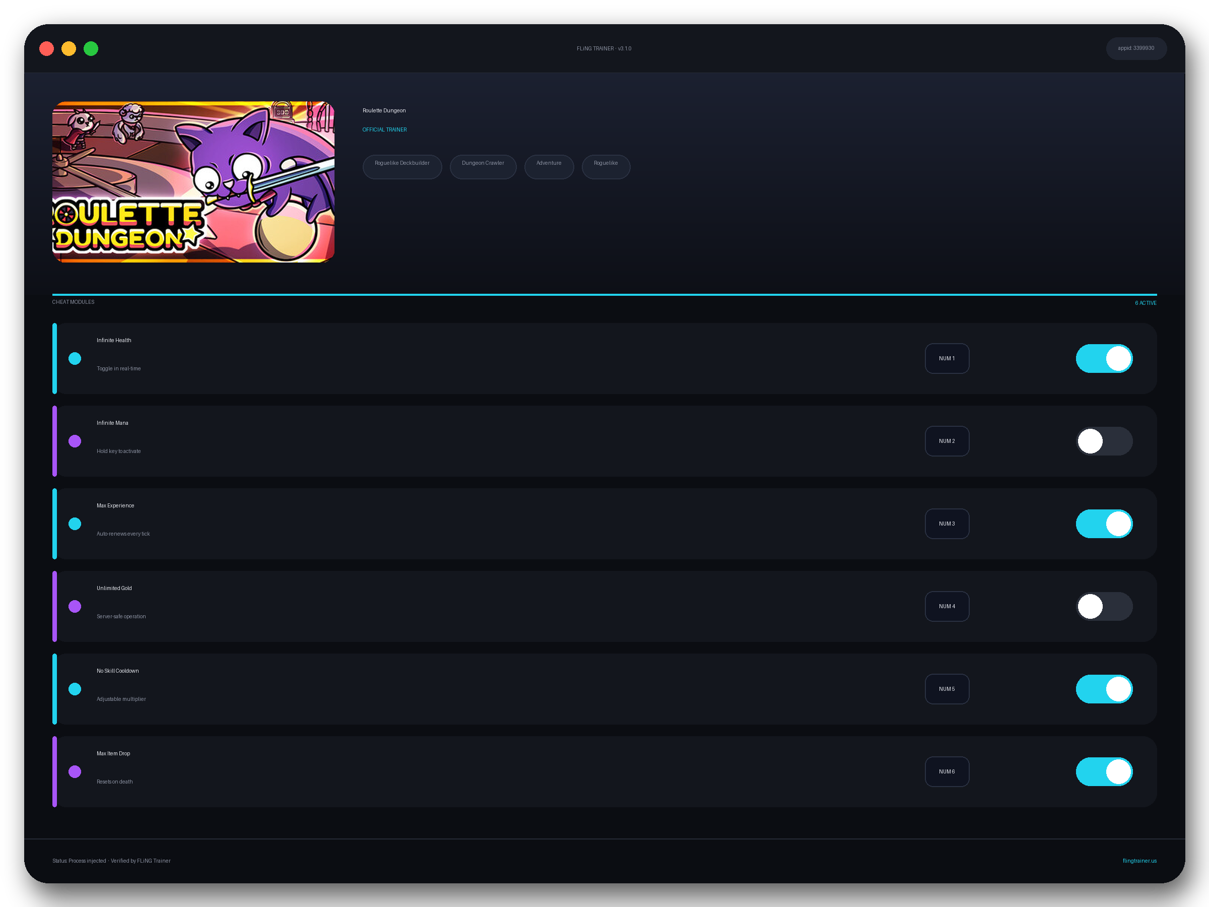 Roulette Dungeon Trainer interface