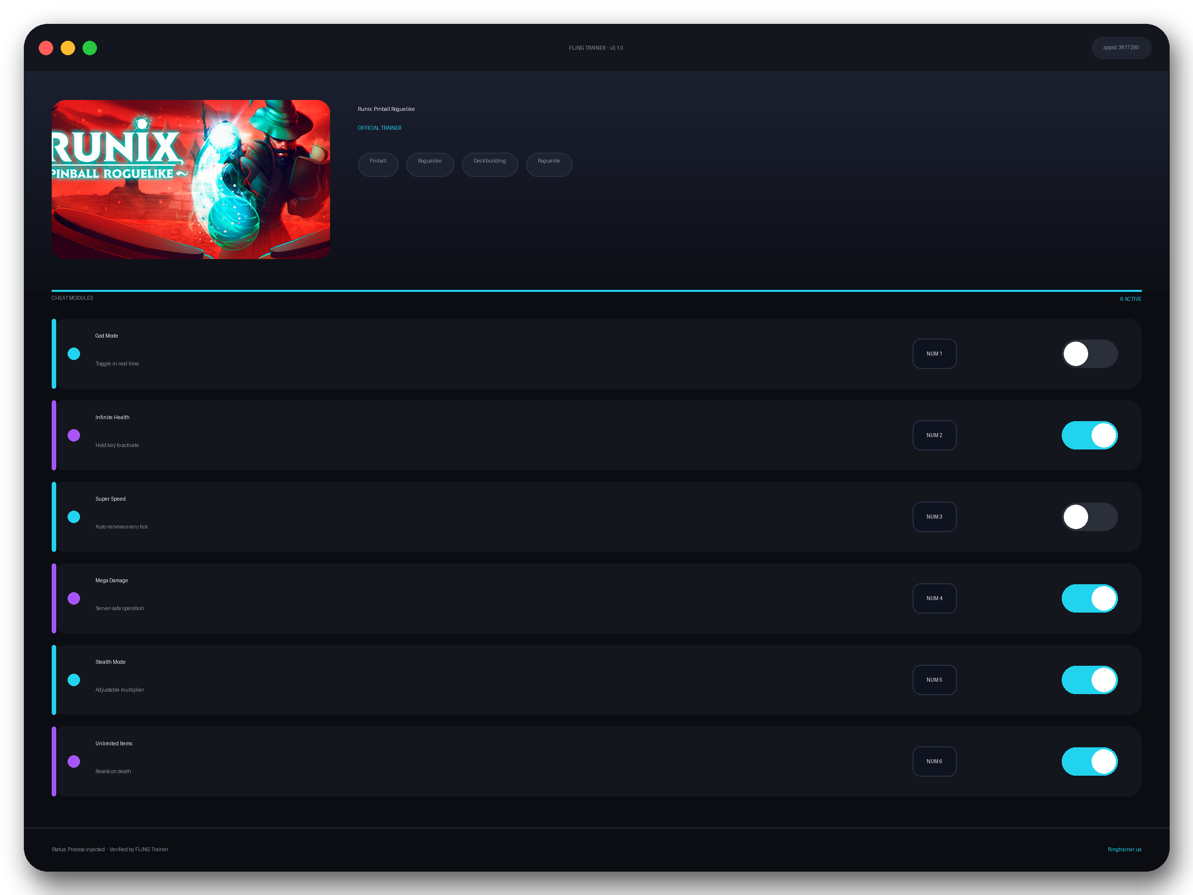 Runix: Pinball Roguelike Trainer interface