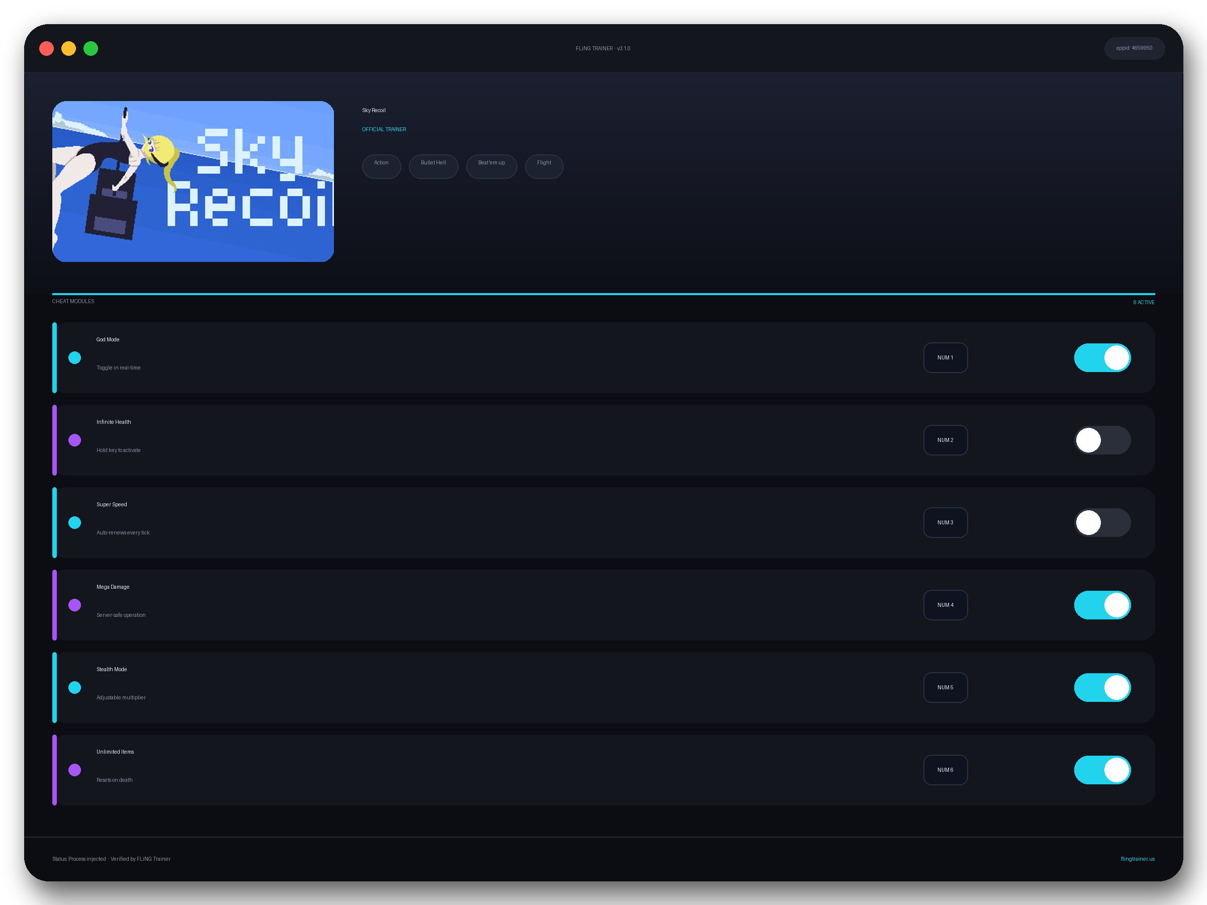 Sky Recoil Trainer interface