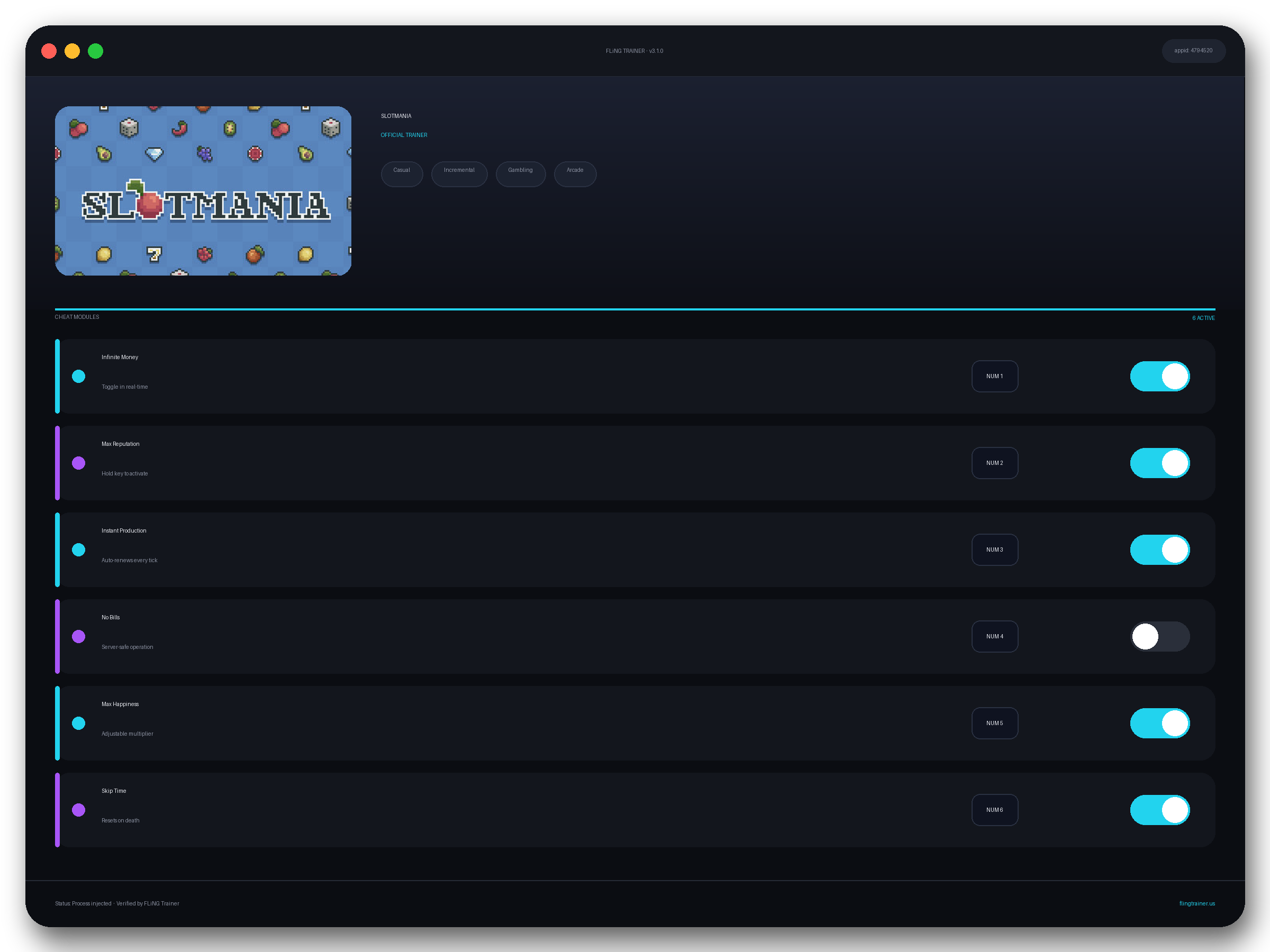 SLOTMANIA Trainer interface