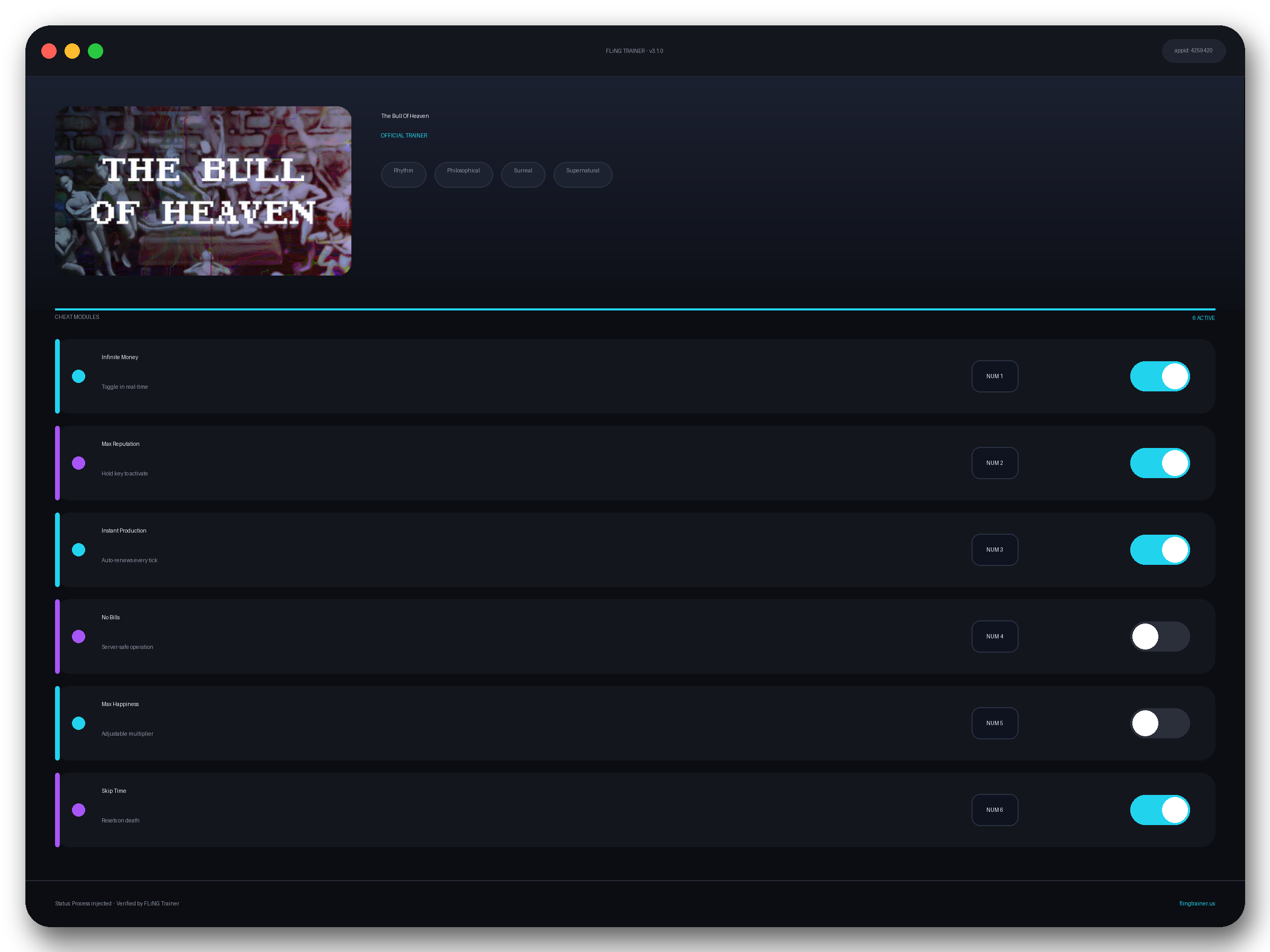 The Bull Of Heaven Trainer interface