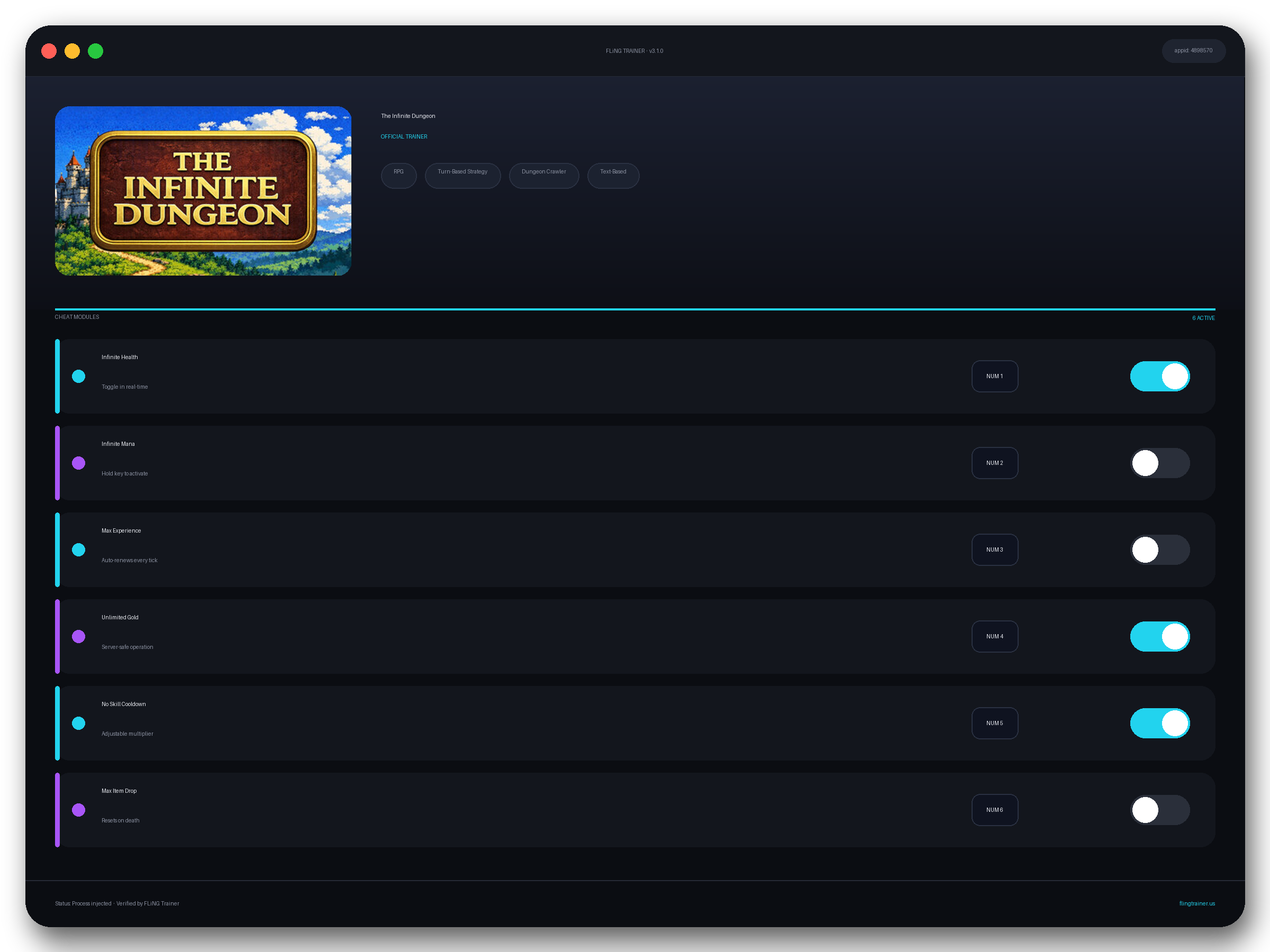 The Infinite Dungeon Trainer interface