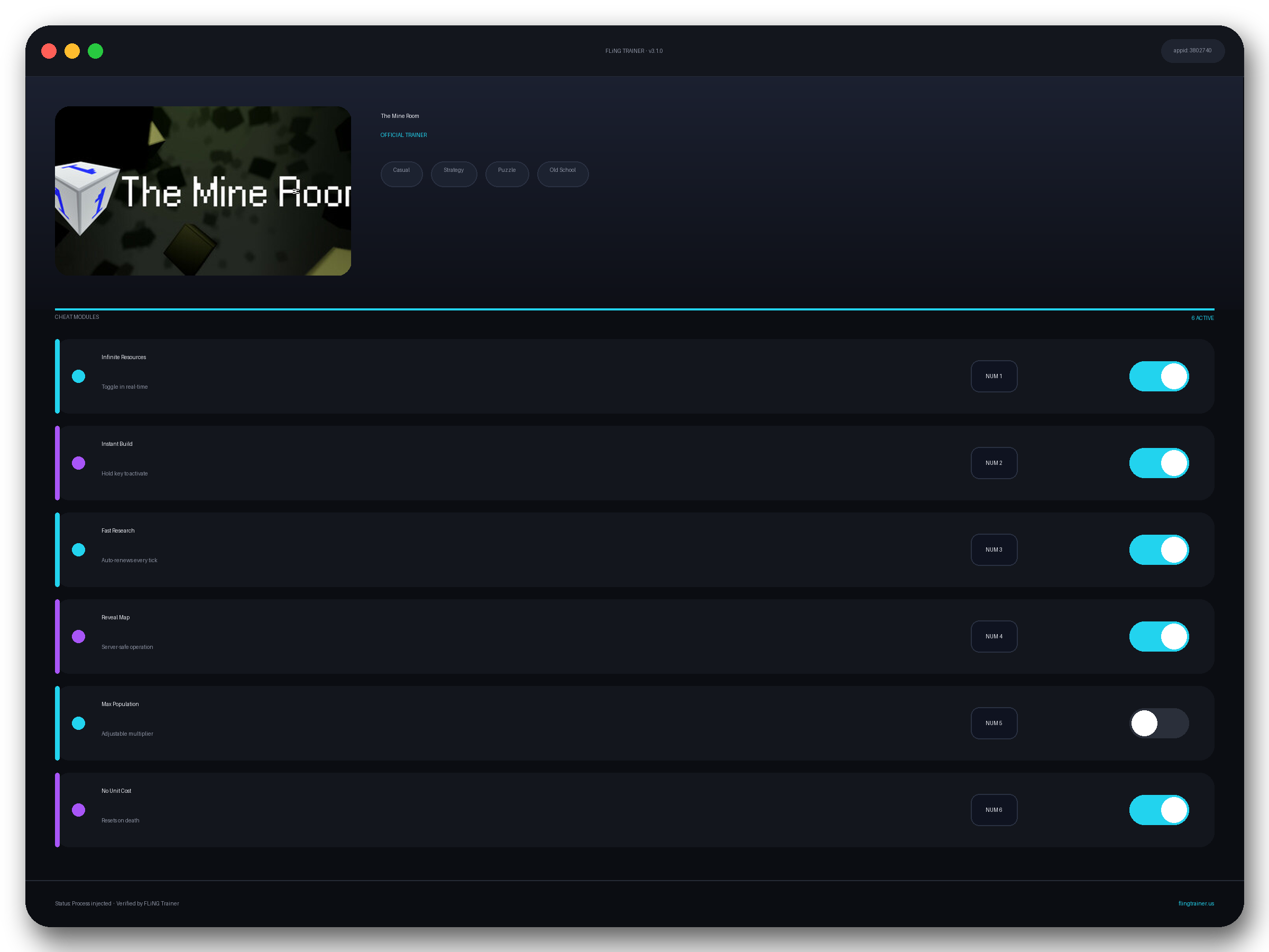 The Mine Room Trainer interface