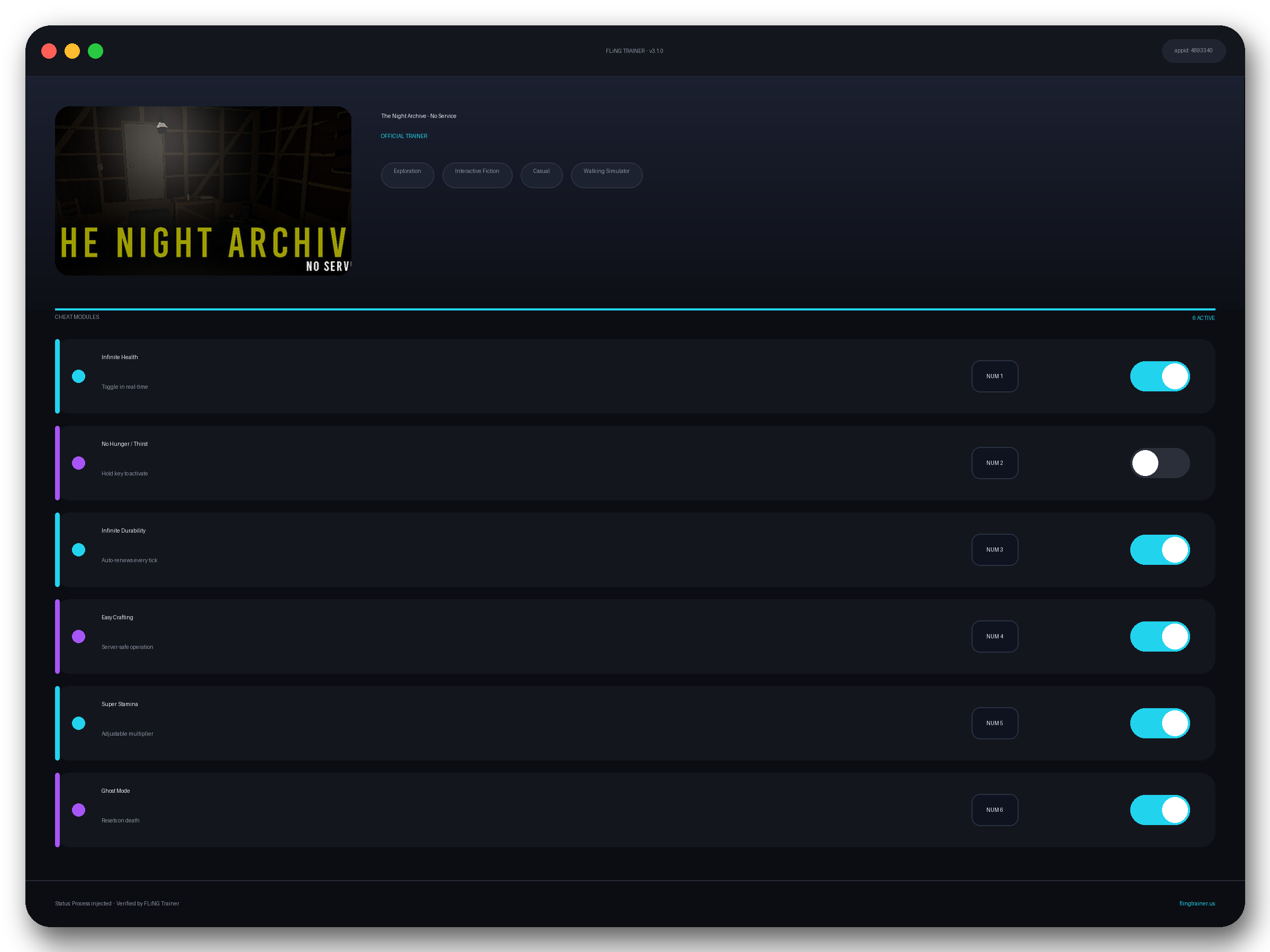 The Night Archive - No Service Trainer interface