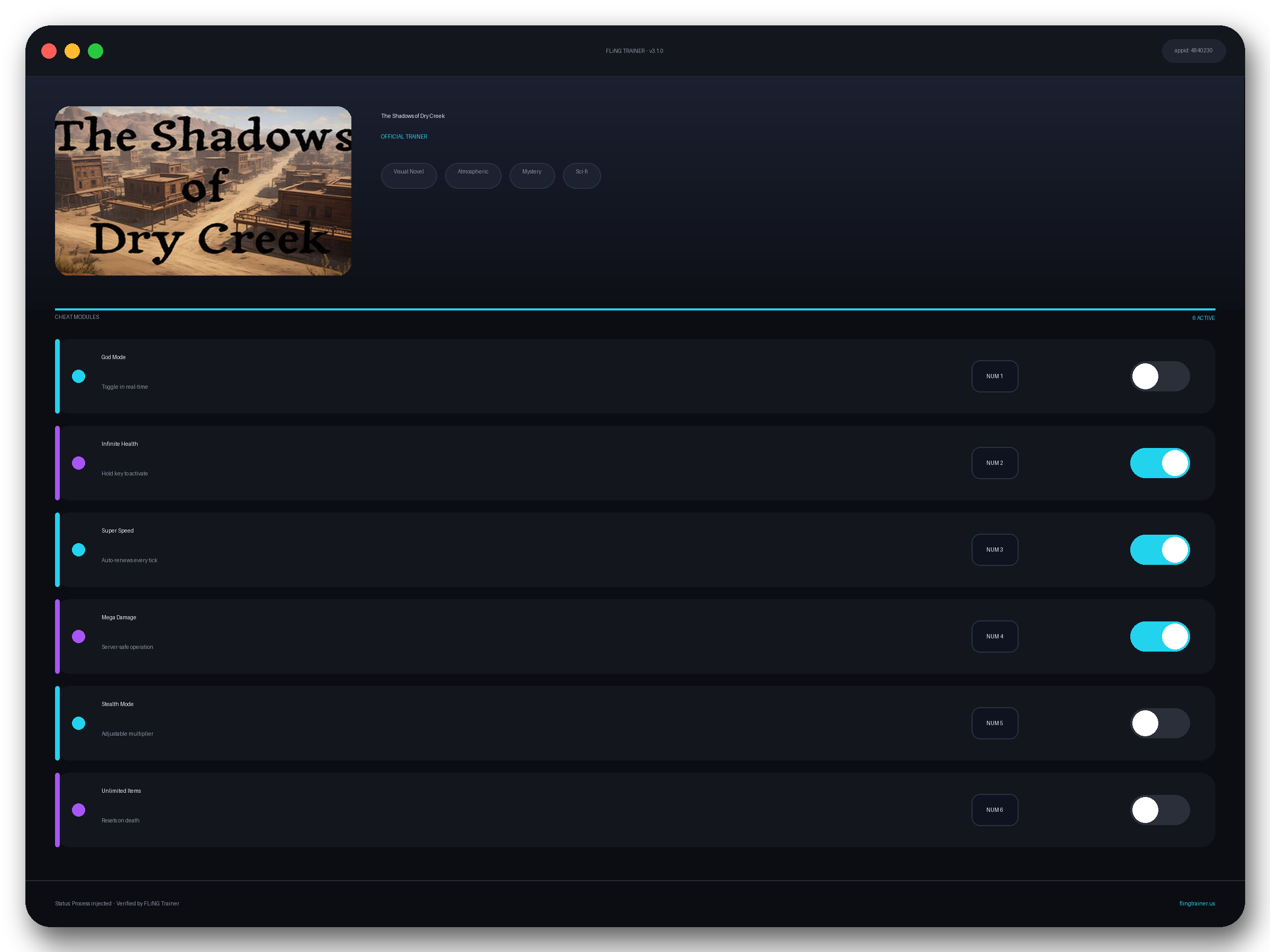 The Shadows of Dry Creek Trainer interface