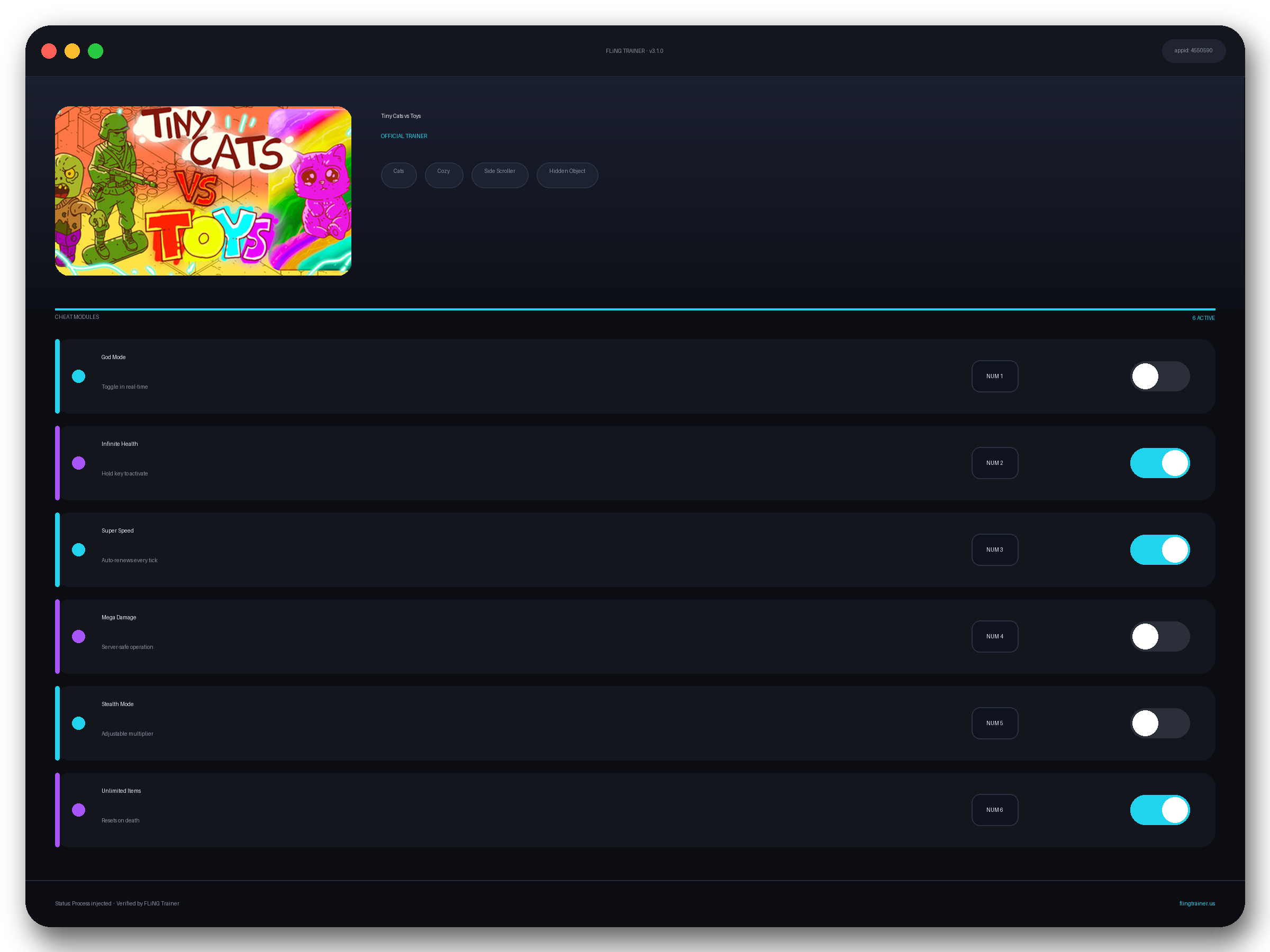 Tiny Cats vs Toys Trainer interface