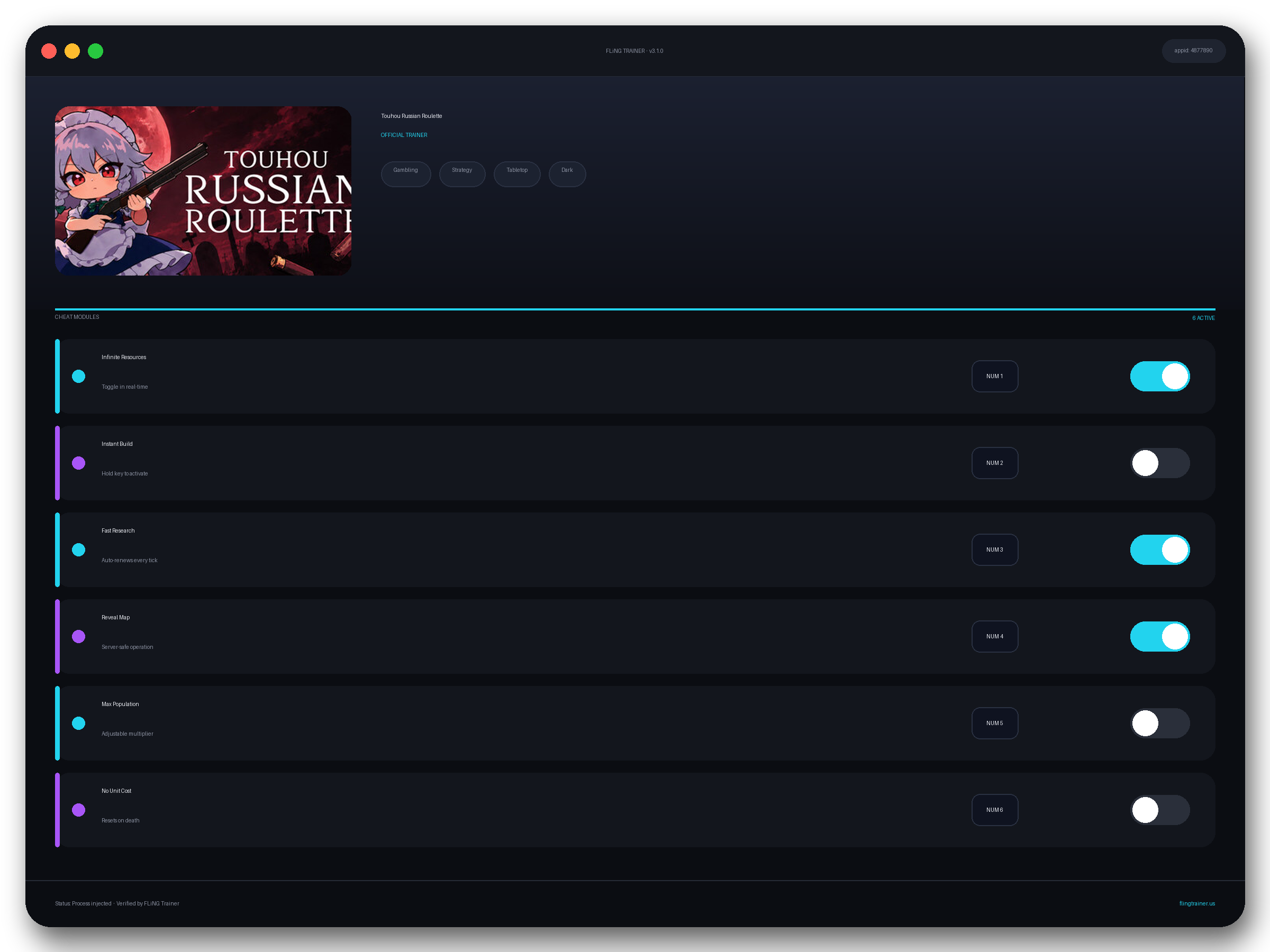 Touhou Russian Roulette Trainer interface