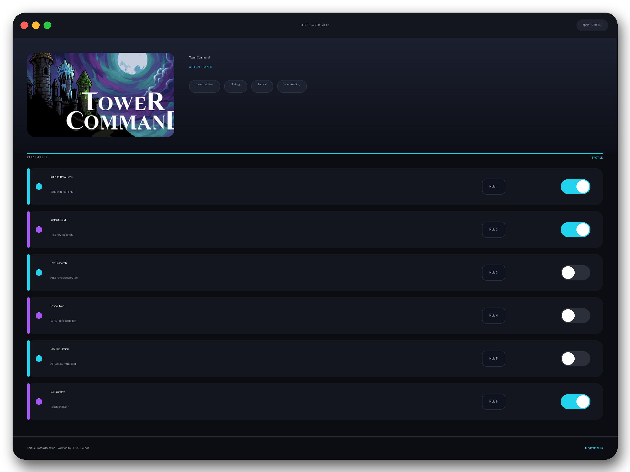 Tower Command Trainer interface