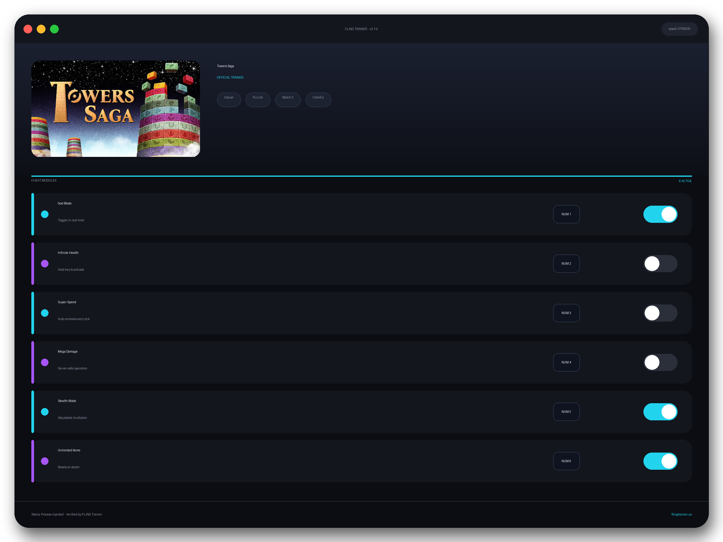 Towers Saga Trainer interface