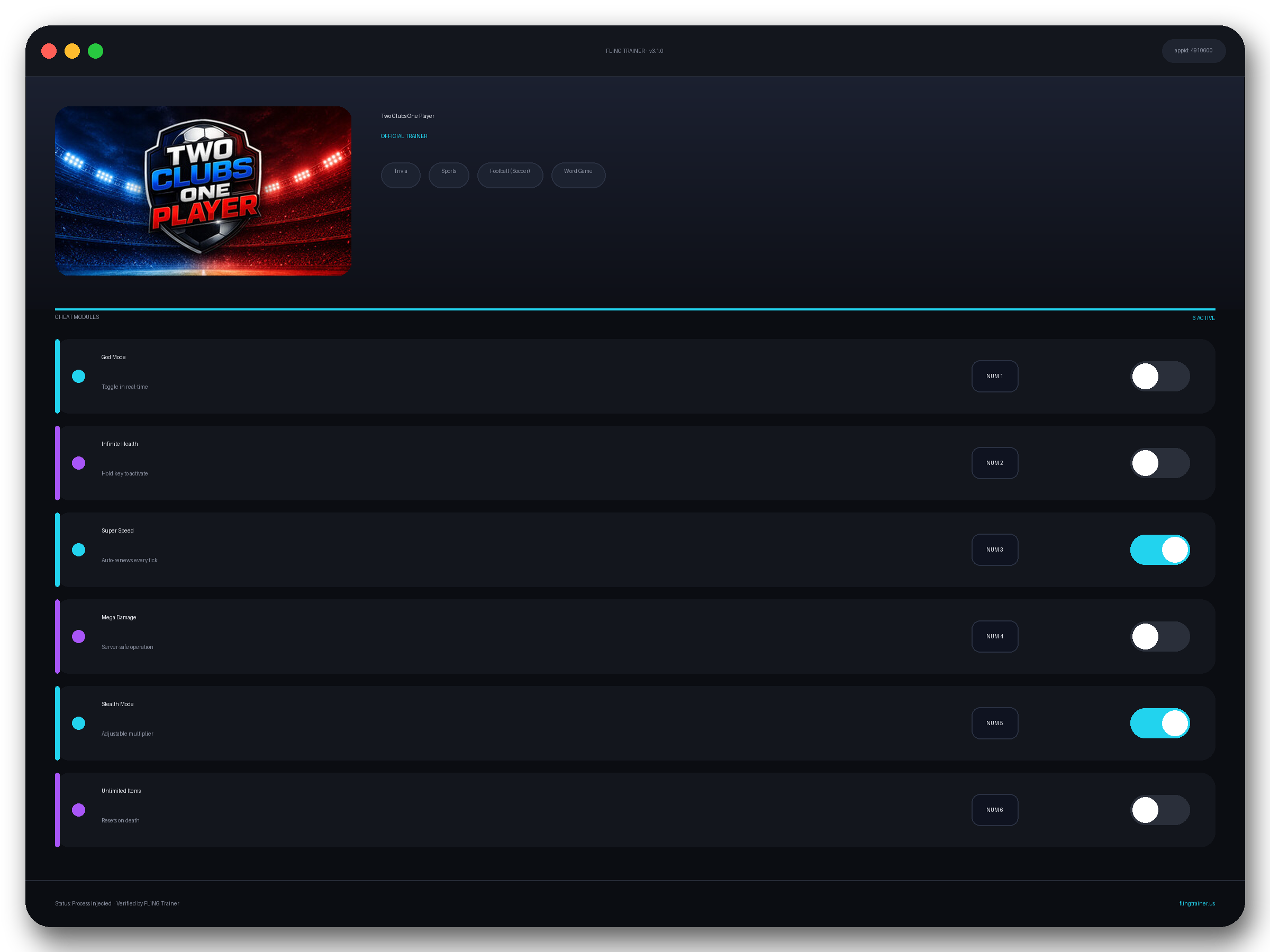 Two Clubs One Player Trainer interface