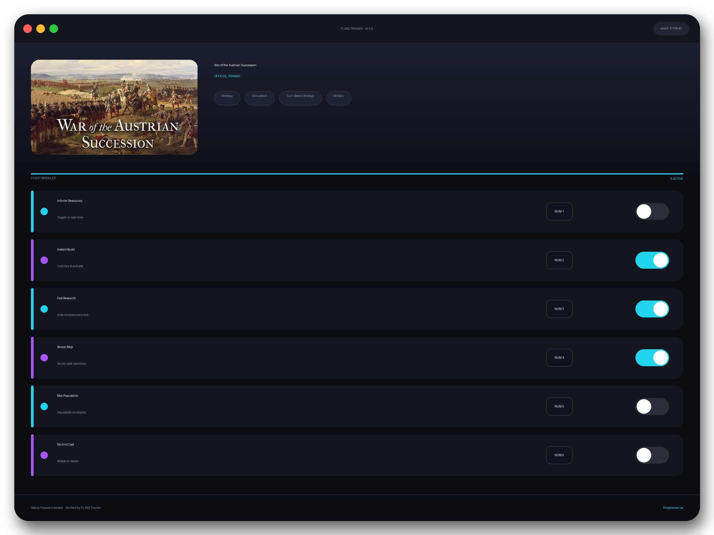 War of the Austrian Succession Trainer interface