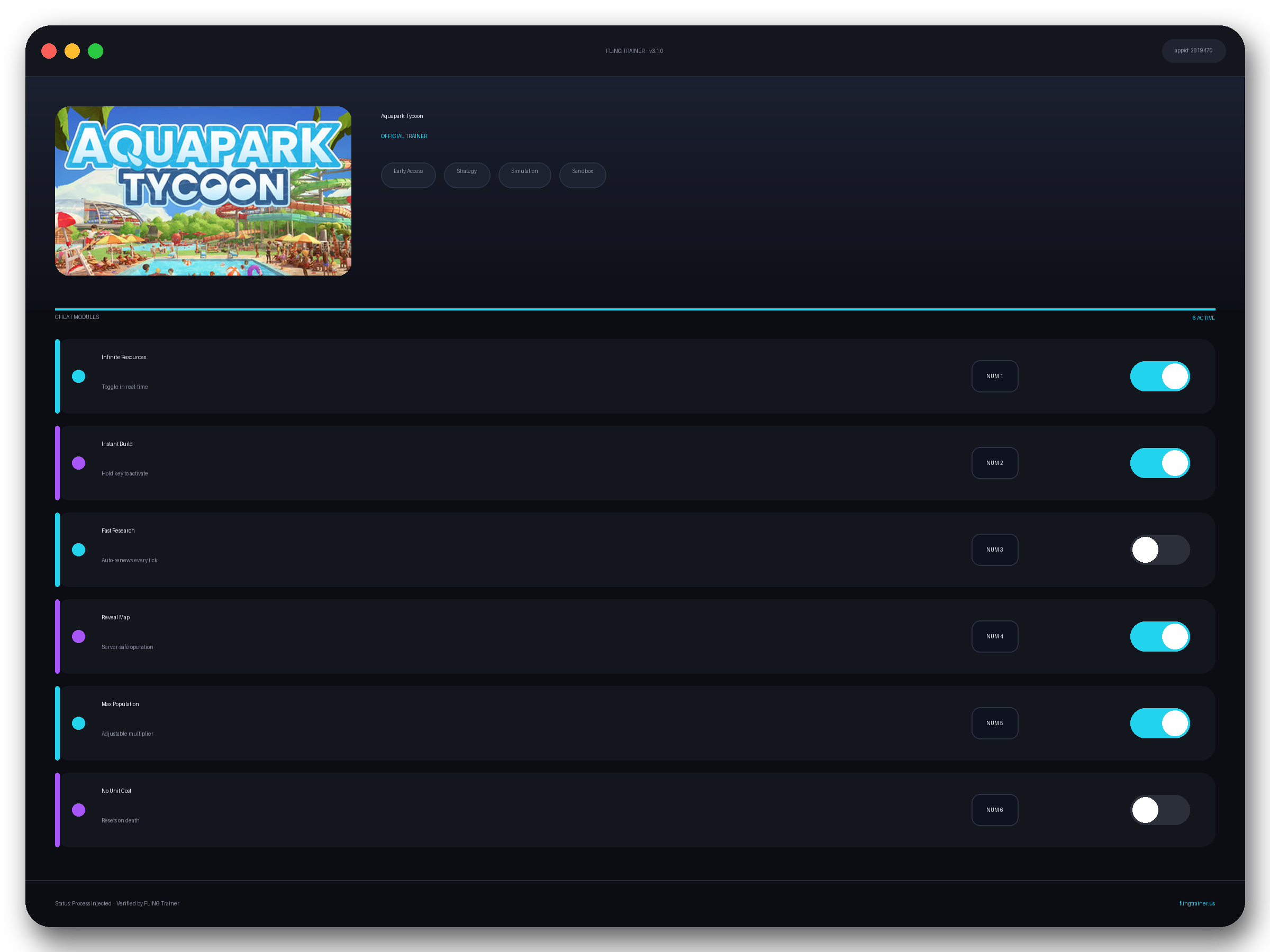 Aquapark Tycoon Trainer interface