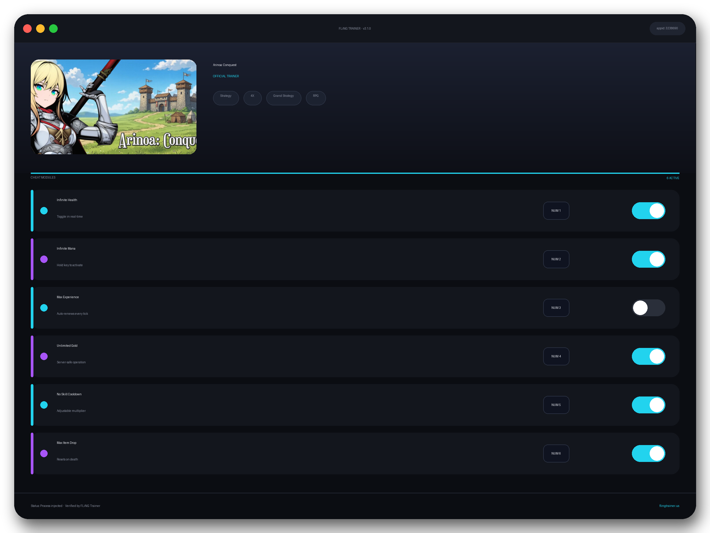Arinoa: Conquest Trainer interface
