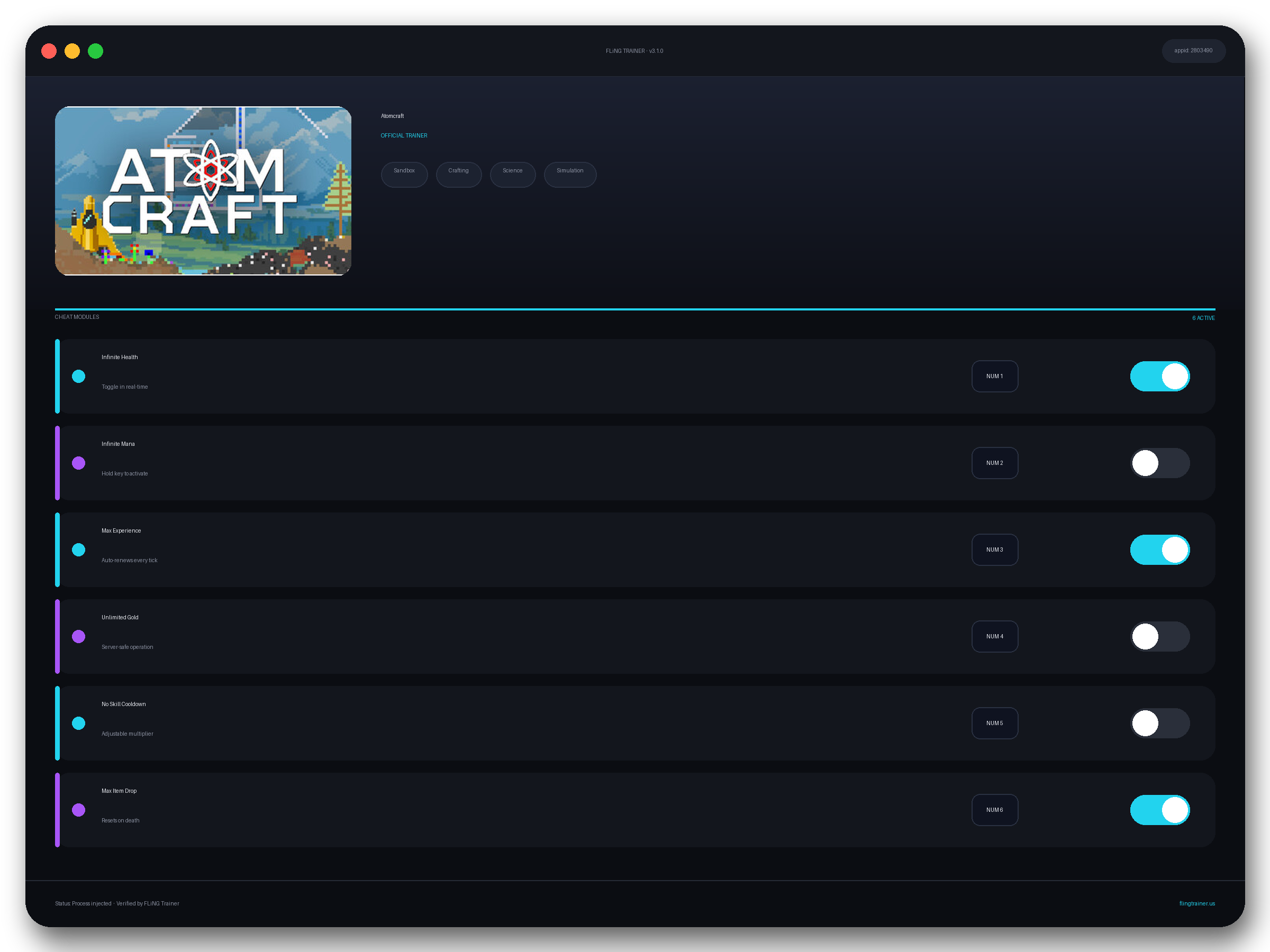 Atomcraft Trainer interface