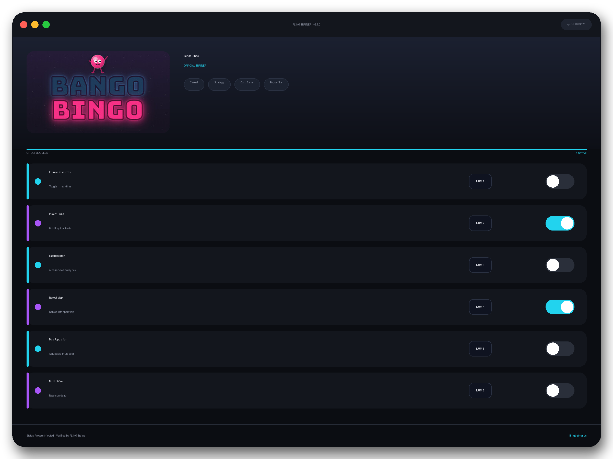 Bango Bingo Trainer interface