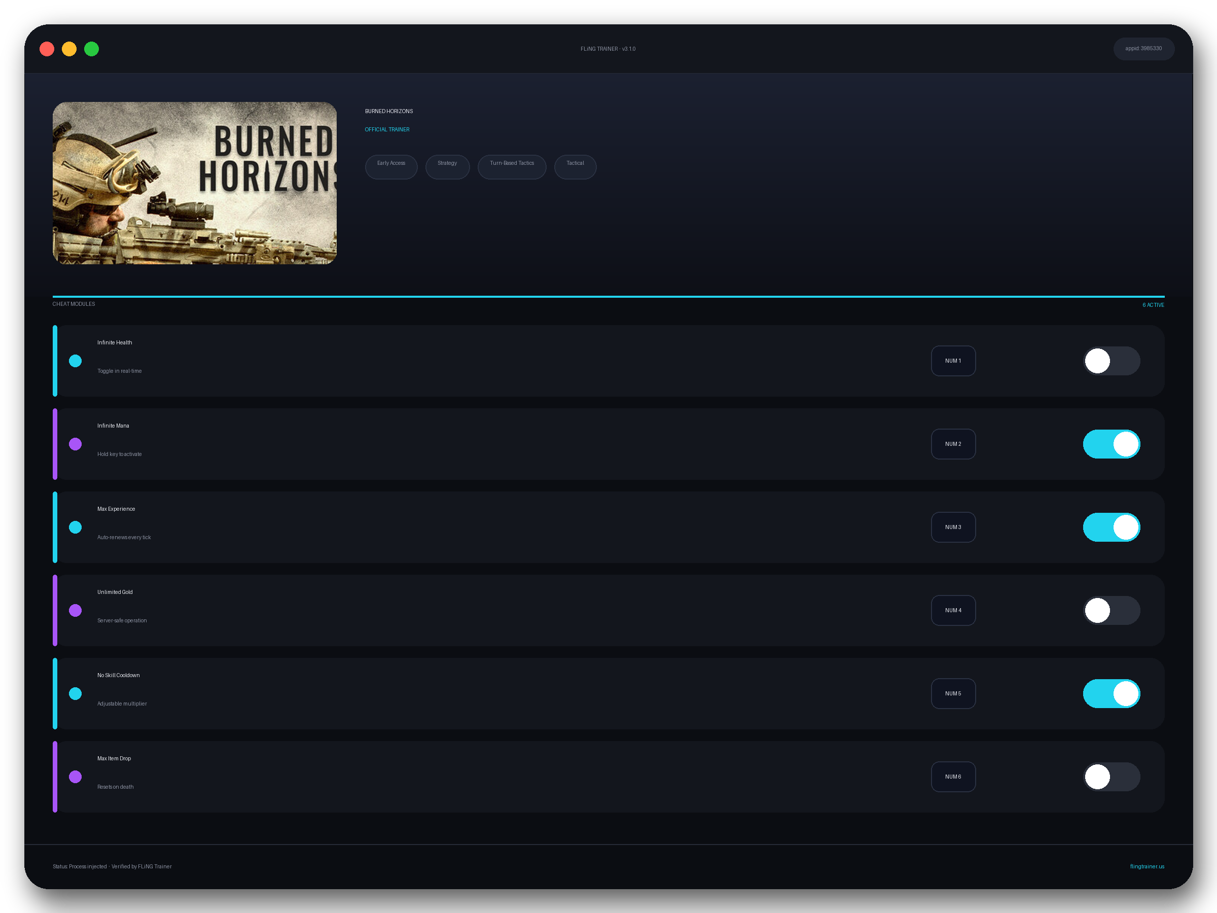 BURNED HORIZONS Trainer interface