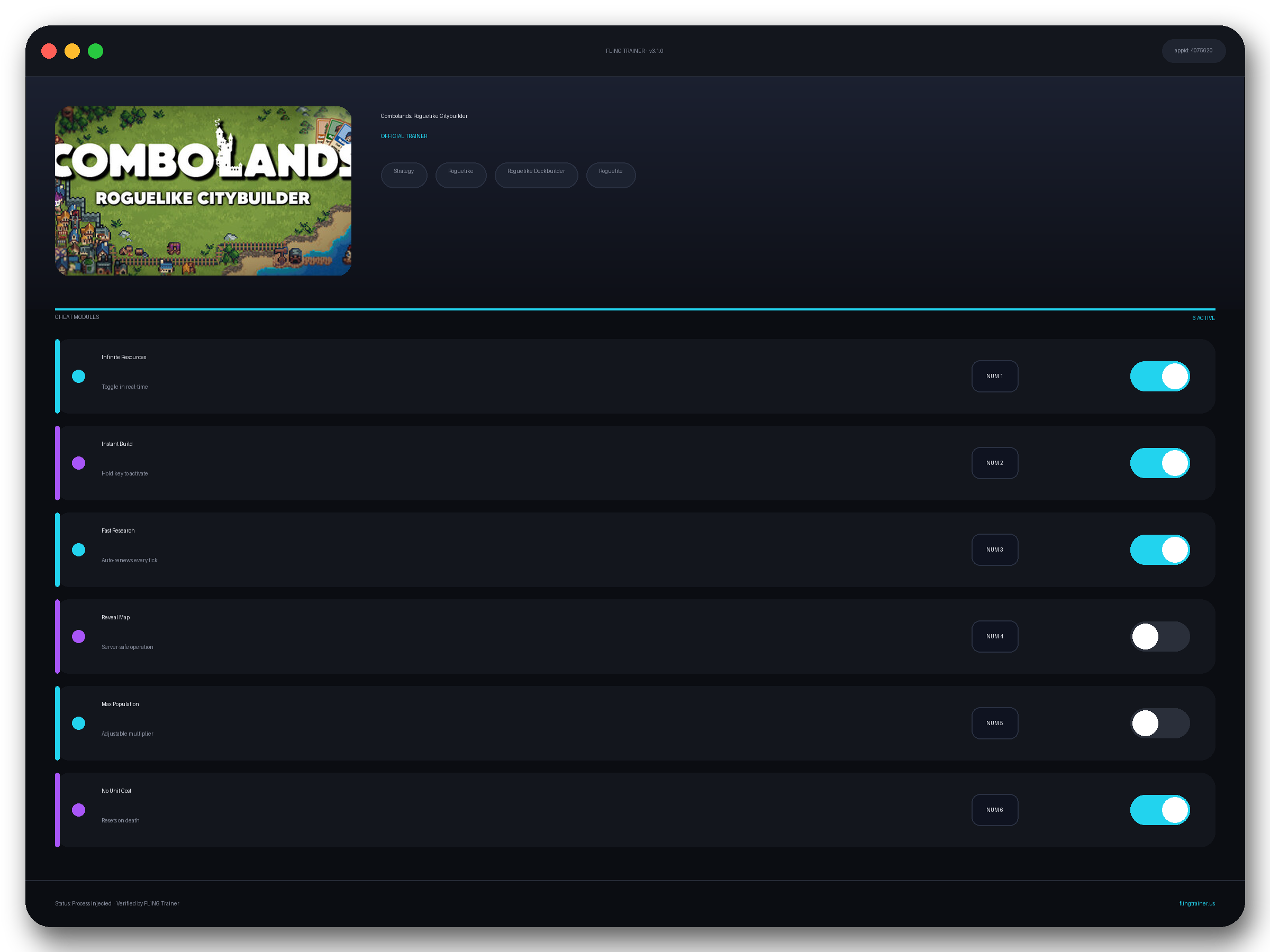 Combolands: Roguelike Citybuilder Trainer interface